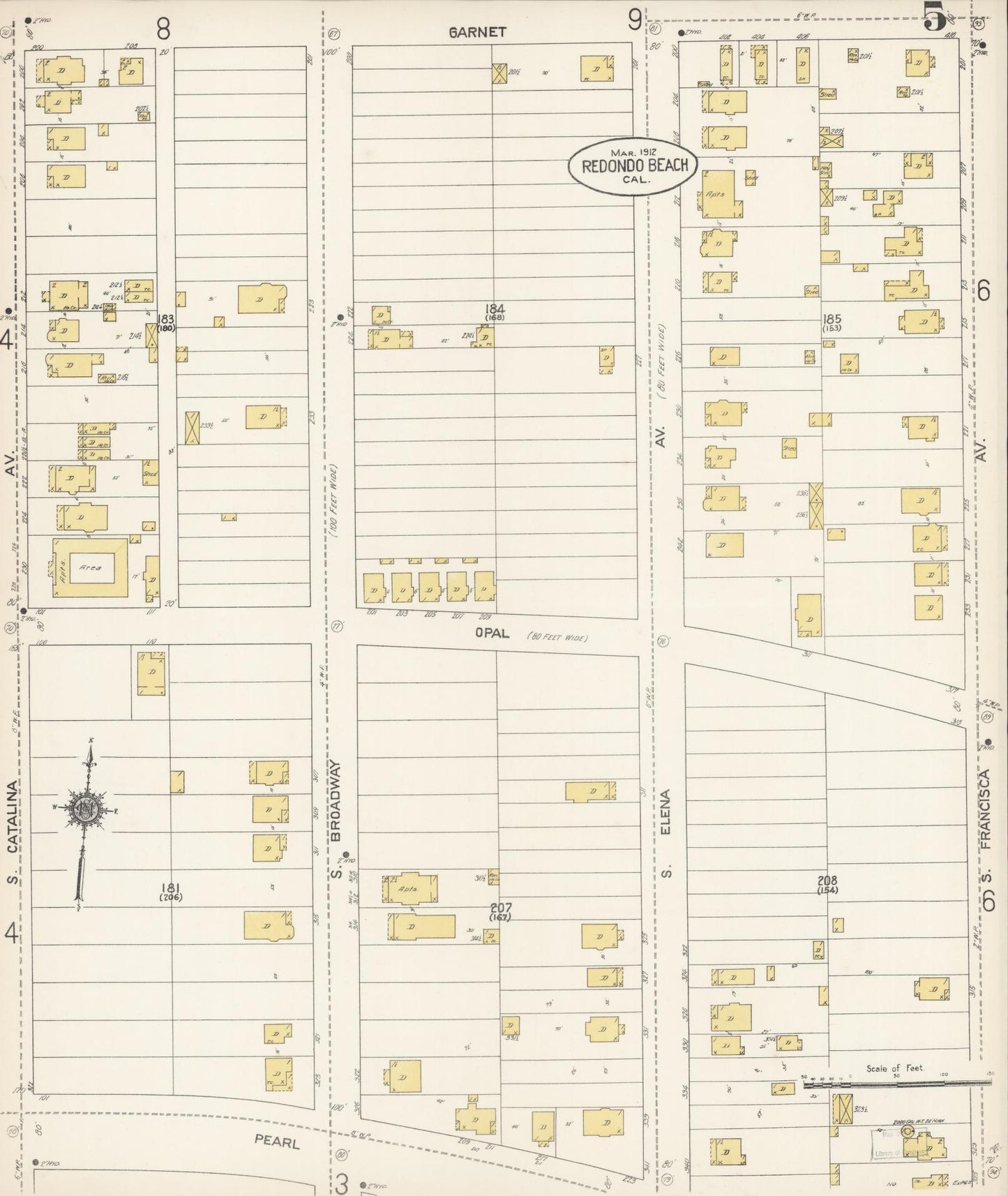 Sanborn Fire Insurance Map from Redondo Beach, Los Angeles County, California (1912), Sheet #0005 - Complete Map Set gallery image, historic Sanborn map, vintage wall art, California California