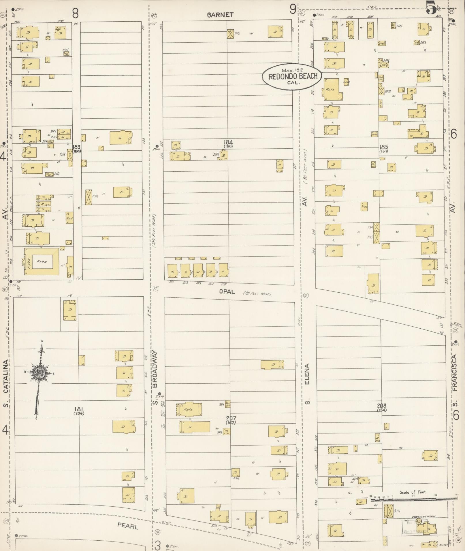 Sanborn Fire Insurance Map from Redondo Beach, Los Angeles County, California (1912), Sheet #0005 - Complete Map Set gallery image, historic Sanborn map, vintage wall art, California California