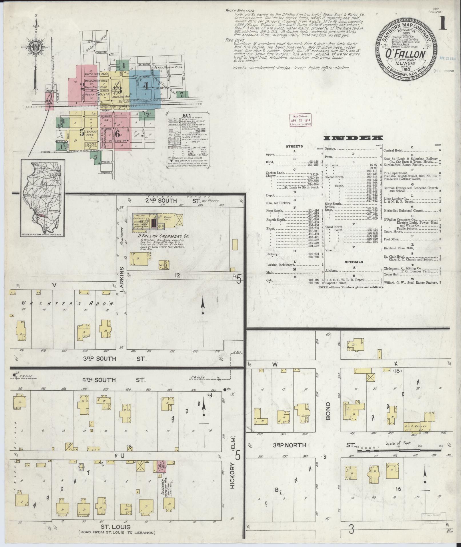 Sanborn Fire Insurance Map from O'Fallon, Saint Clair County, Illinois (1914), Sheet #0001 - Complete Map Set gallery image, historic Sanborn map, vintage wall art, Illinois Illinois