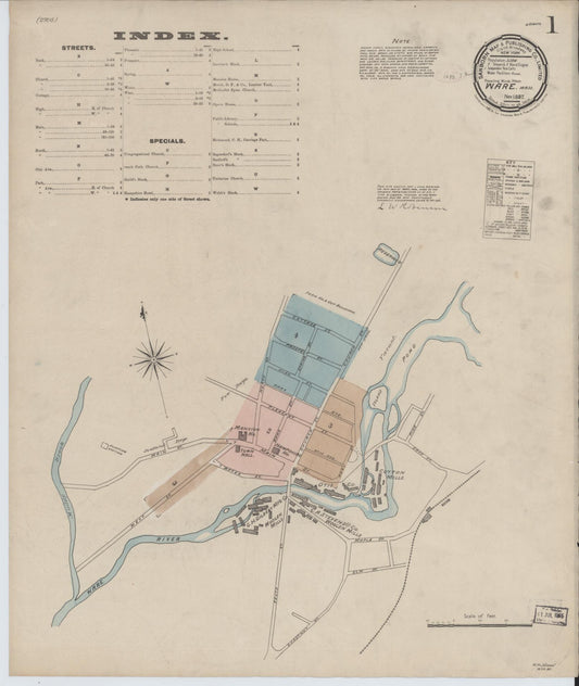 Sanborn Fire Insurance Map from Ware, Hampshire County, Massachusetts (1887), Sheet #0001 - Historic Sanborn Fire Insurance Map Print, vintage old map wall art, antique decor, genealogy gift, Massachusetts Massachusetts map