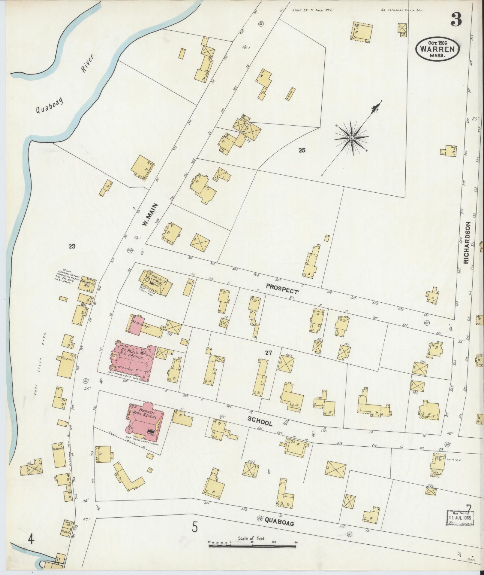 Sanborn Fire Insurance Map from Warren, Worcester County, Massachusetts (1906), Sheet #0003 - Historic Sanborn Fire Insurance Map Print, vintage old map wall art, antique decor, genealogy gift, Massachusetts Massachusetts map