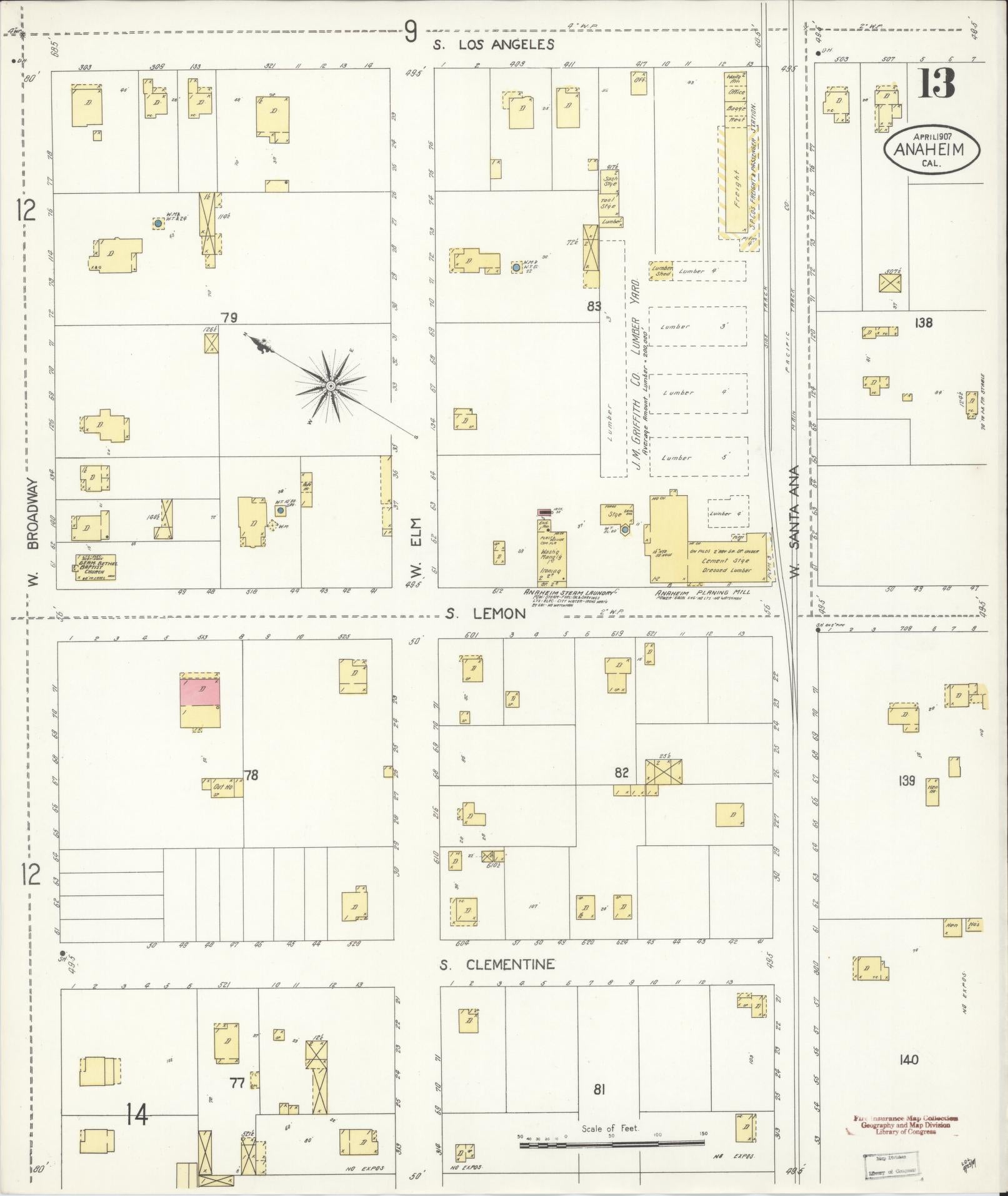 Sanborn Fire Insurance Map from Anaheim, Orange County, California (1907), Sheet #0013 - Historic Sanborn Fire Insurance Map Print, vintage old map wall art, antique decor, genealogy gift, California California map