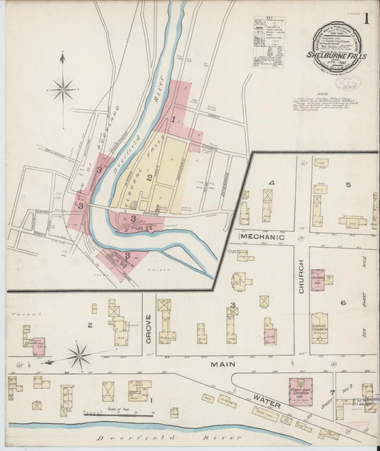 Sanborn Fire Insurance Map from Shelburne Falls, Franklin County, Massachusetts (1885), Sheet #0001 - Historic Sanborn Fire Insurance Map Print, vintage old map wall art, antique decor, genealogy gift, Massachusetts Massachusetts map