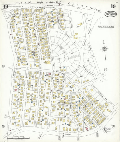 Sanborn Fire Insurance Map from Watertown, Middlesex County, Massachusetts (1923), Sheet #0019 - Historic Sanborn Fire Insurance Map Print, vintage old map wall art, antique decor, genealogy gift, Massachusetts Massachusetts map