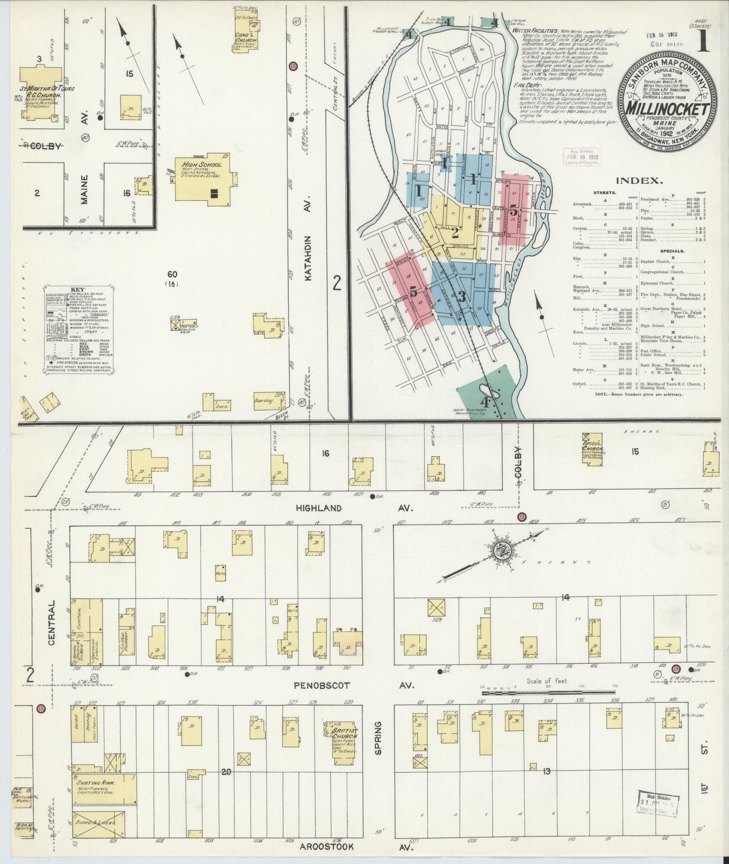 Sanborn Fire Insurance Map from Millinocket, Penobscot County, Maine (1912), Sheet #0001 - Complete Map Set gallery image, historic Sanborn map, vintage wall art, Maine Maine