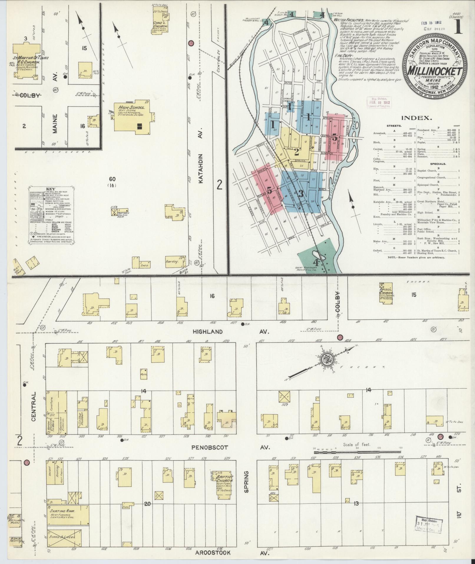 Sanborn Fire Insurance Map from Millinocket, Penobscot County, Maine (1912), Sheet #0001 - Complete Map Set gallery image, historic Sanborn map, vintage wall art, Maine Maine