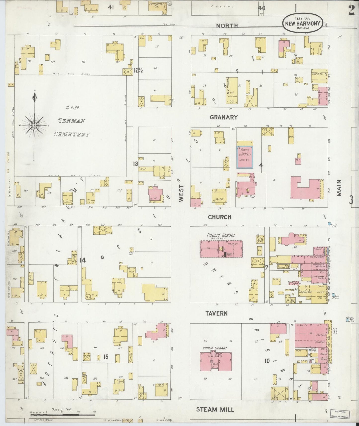 Sanborn Fire Insurance Map from New Harmony, Posey County, Indiana (1899), Sheet #0002 - Complete Map Set gallery image, historic Sanborn map, vintage wall art, Indiana Indiana