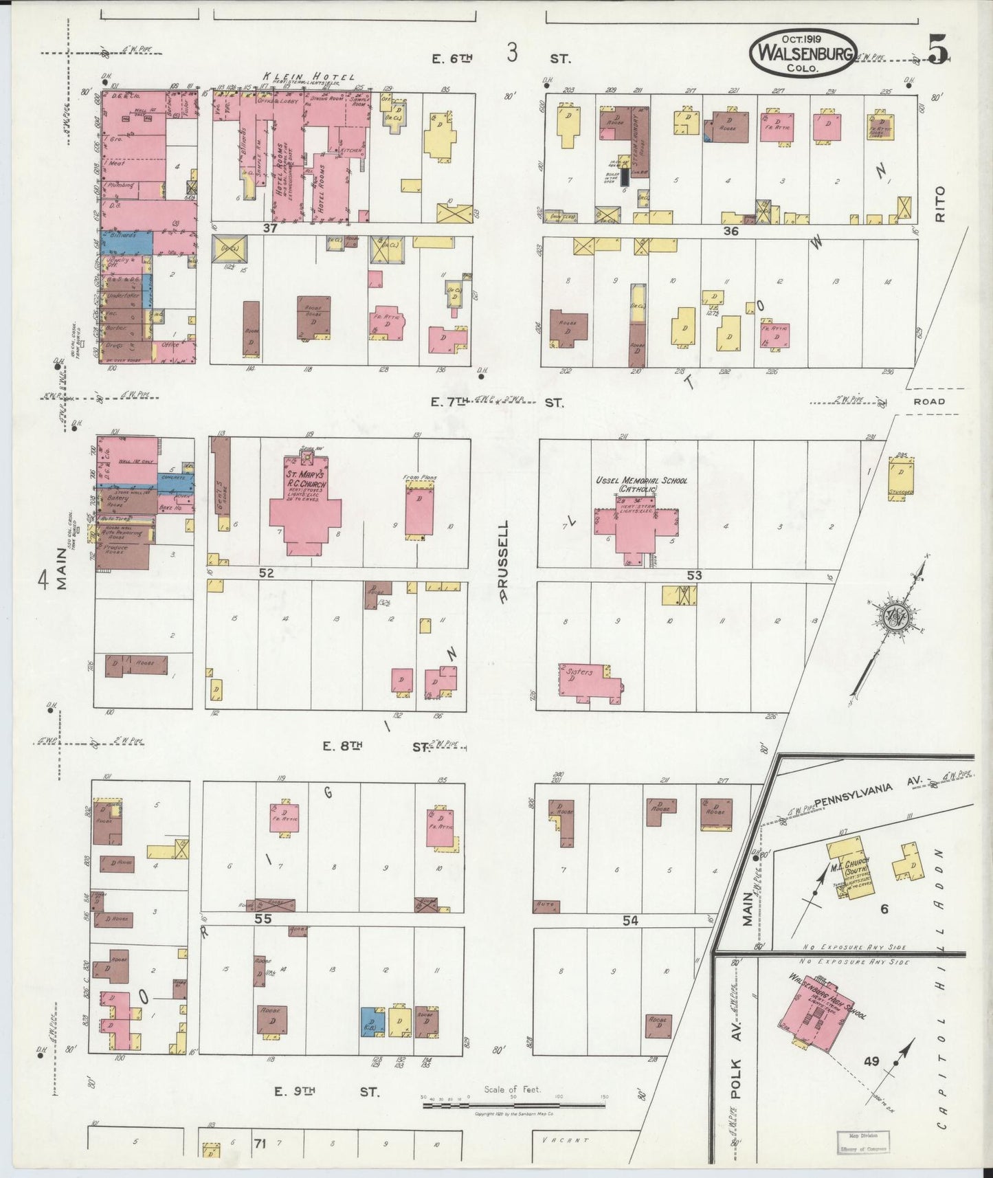 Sanborn Fire Insurance Map from Walsenburg, Huerfano County, Colorado (1919), Sheet #0005 - Historic Sanborn Fire Insurance Map Print, vintage old map wall art, antique decor, genealogy gift, Colorado Colorado map