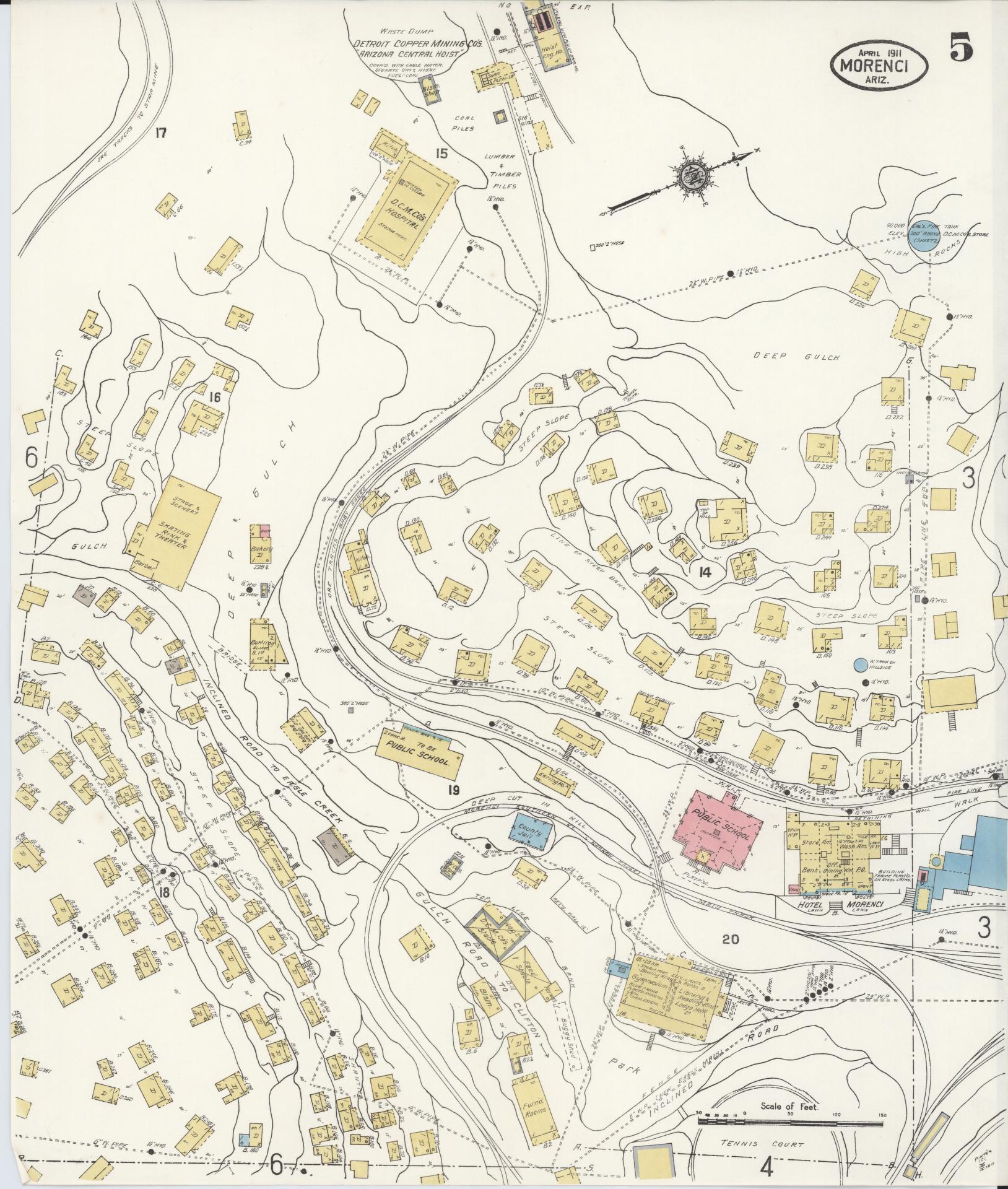 Sanborn Fire Insurance Map from Morenci, Greenlee County, Arizona (1911), Sheet #0005 - Complete Map Set gallery image, historic Sanborn map, vintage wall art, Arizona Arizona