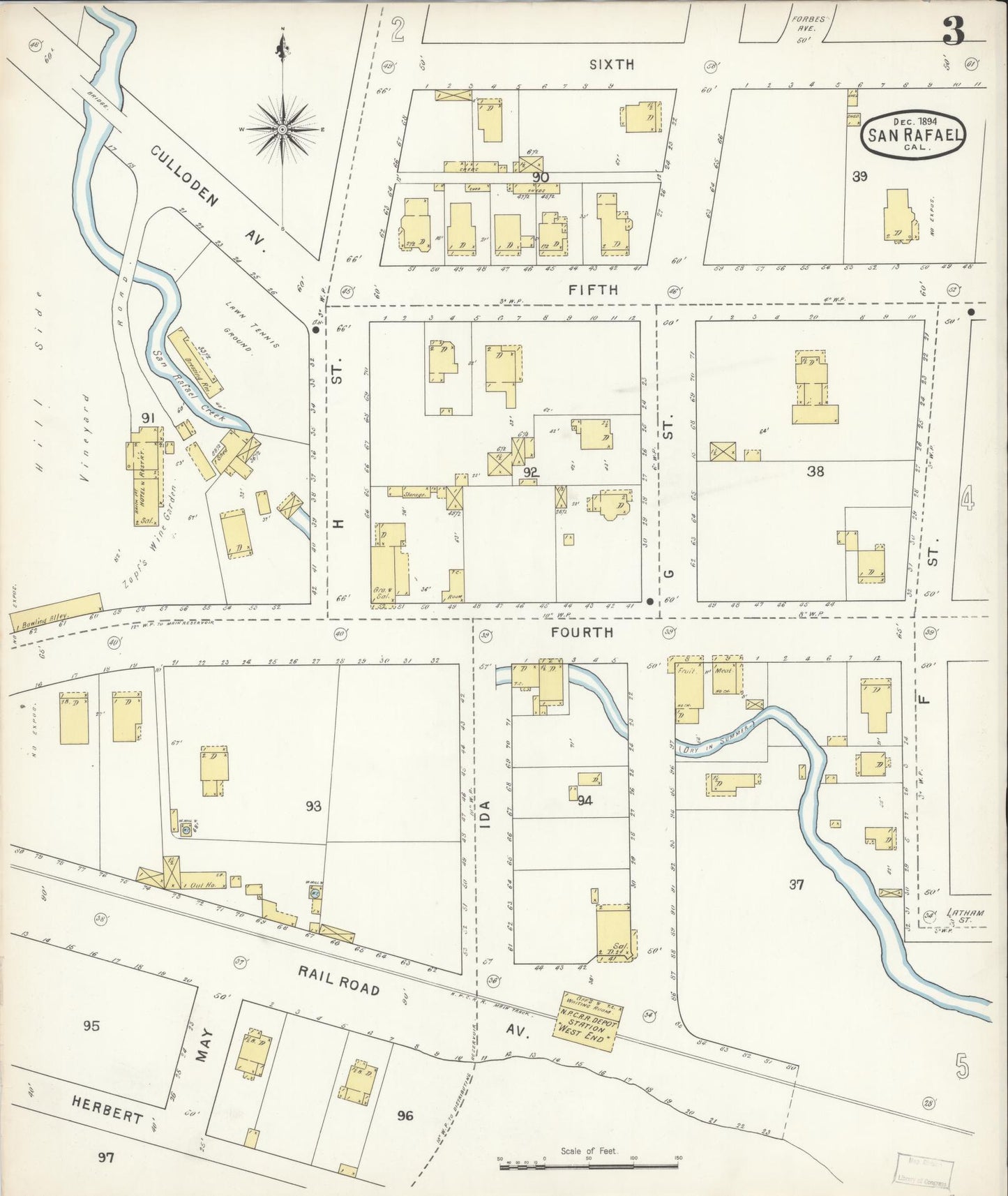 Sanborn Fire Insurance Map from San Rafael, Marin County, California (1894), Sheet #0003 - Complete Map Set gallery image, historic Sanborn map, vintage wall art, California California