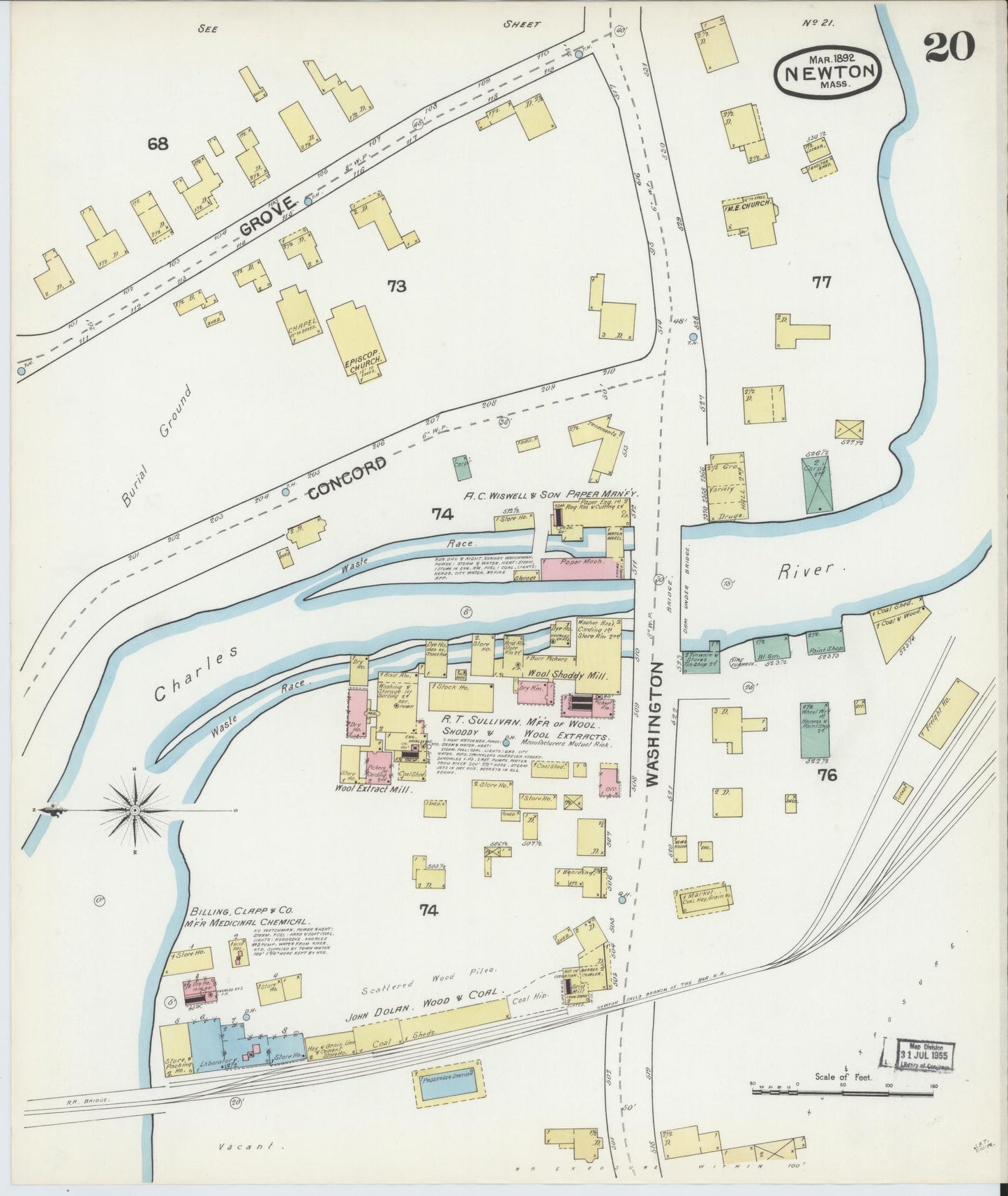 Sanborn Fire Insurance Map from Newton, Middlesex County, Massachusetts (1892), Sheet #0020 - Historic Sanborn Fire Insurance Map Print, vintage old map wall art, antique decor, genealogy gift, Massachusetts Massachusetts map