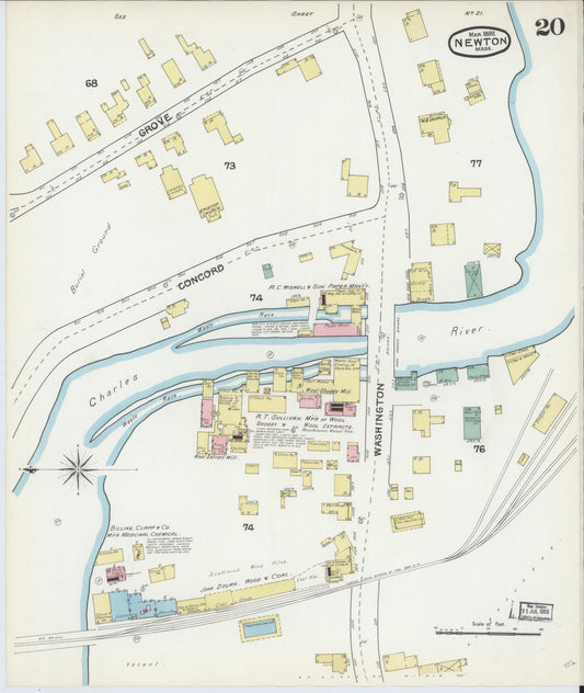 Sanborn Fire Insurance Map from Newton, Middlesex County, Massachusetts (1892), Sheet #0020 - Historic Sanborn Fire Insurance Map Print, vintage old map wall art, antique decor, genealogy gift, Massachusetts Massachusetts map