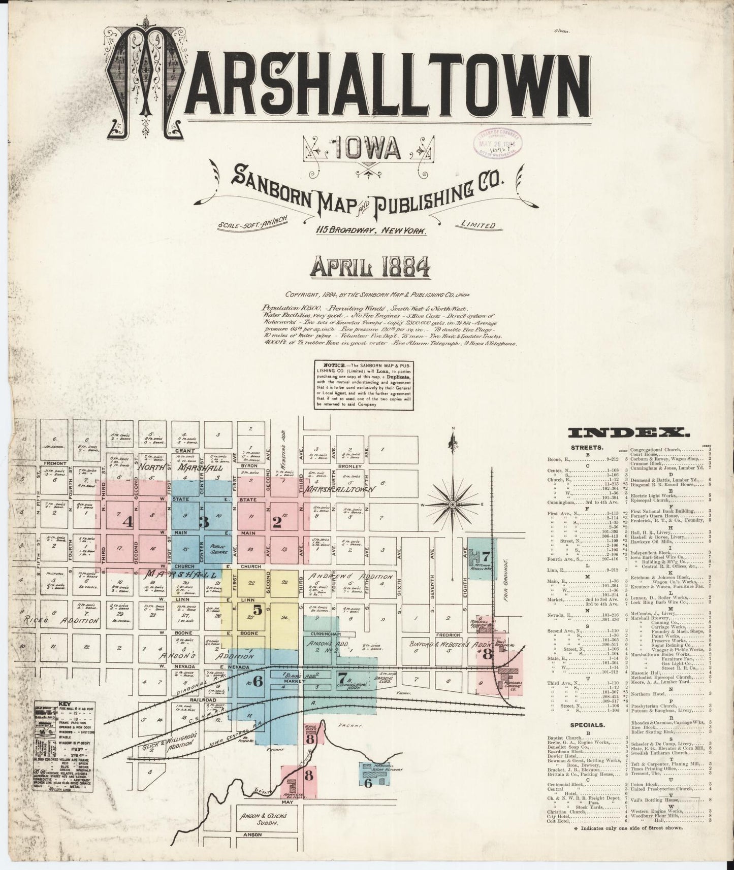 Sanborn Fire Insurance Map from Marshalltown, Marshall County, Iowa (1884), Sheet #0001 - Historic Sanborn Fire Insurance Map Print