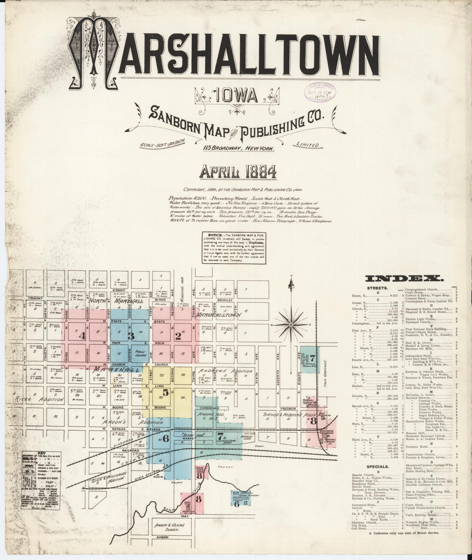 Sanborn Fire Insurance Map from Marshalltown, Marshall County, Iowa (1884), Sheet #0001 - Historic Sanborn Fire Insurance Map Print
