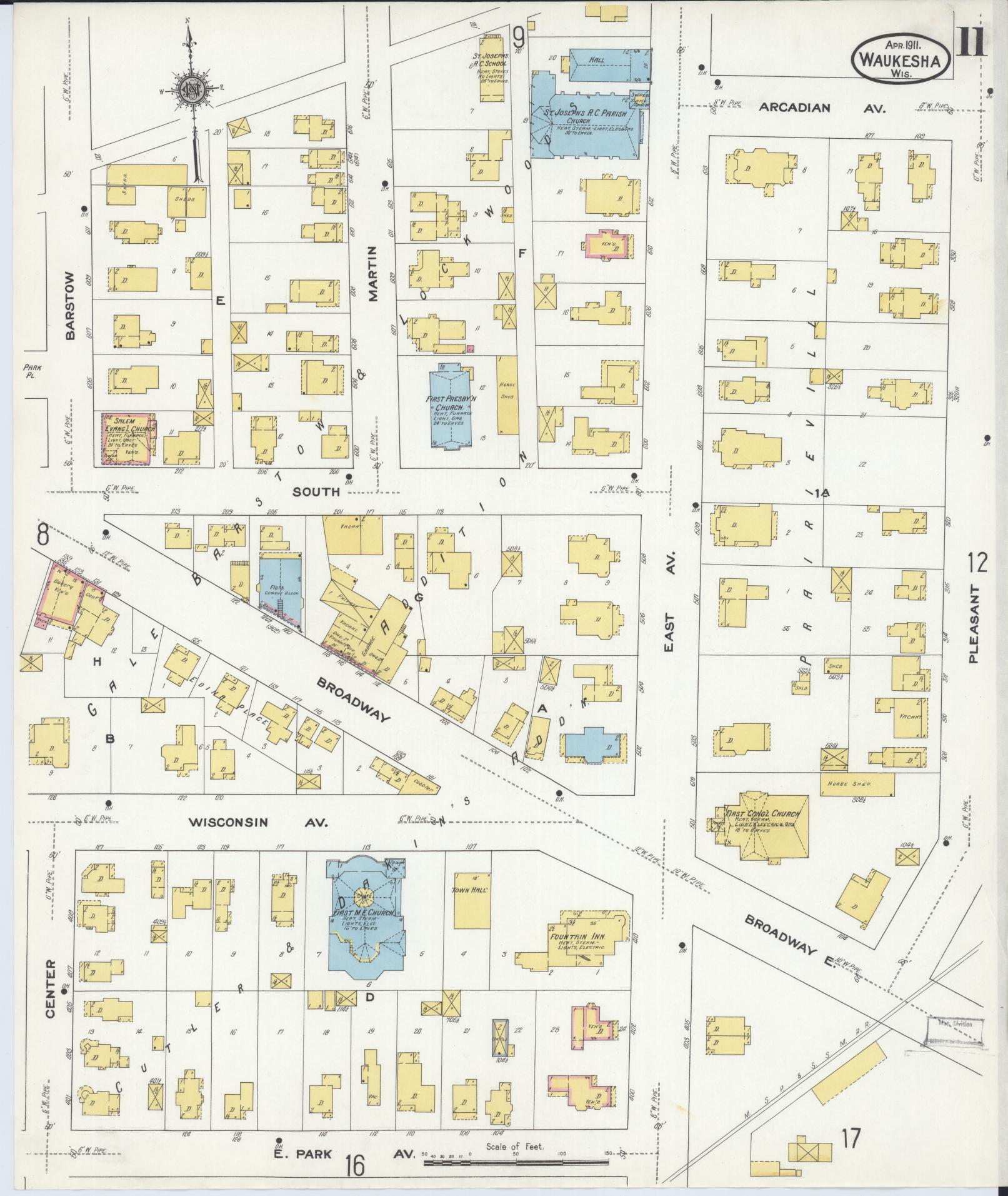Sanborn Fire Insurance Map from Waukesha, Waukesha County, Wisconsin (1911), Sheet #0011 - Historic Sanborn Fire Insurance Map Print, vintage old map wall art, antique decor, genealogy gift, Wisconsin Wisconsin map