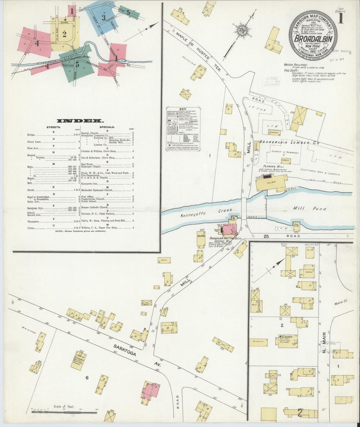 Sanborn Fire Insurance Map from Broadalbin, Fulton County, New York (1912), Sheet #0001 - Historic Sanborn Fire Insurance Map Print, vintage old map wall art, antique decor, genealogy gift, New York New York map