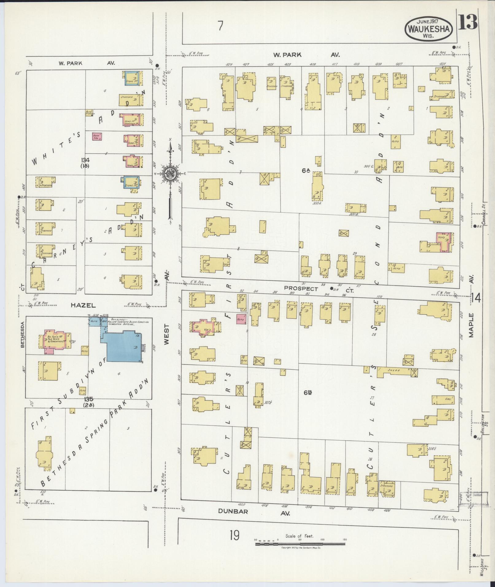 Sanborn Fire Insurance Map from Waukesha, Waukesha County, Wisconsin (1917), Sheet #0013 - Historic Sanborn Fire Insurance Map Print, vintage old map wall art, antique decor, genealogy gift, Wisconsin Wisconsin map
