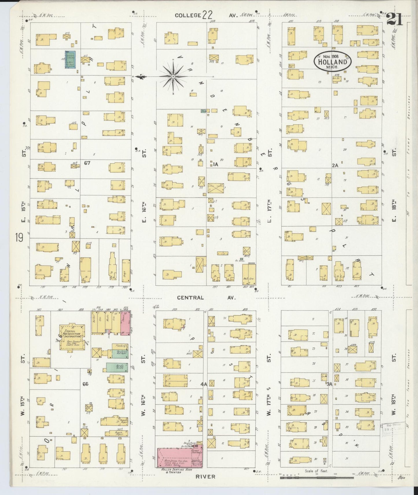 Sanborn Fire Insurance Map from Holland, Ottawa County, Michigan (1908), Sheet #0021 - Historic Sanborn Fire Insurance Map Print, vintage old map wall art, antique decor, genealogy gift, Michigan Michigan map