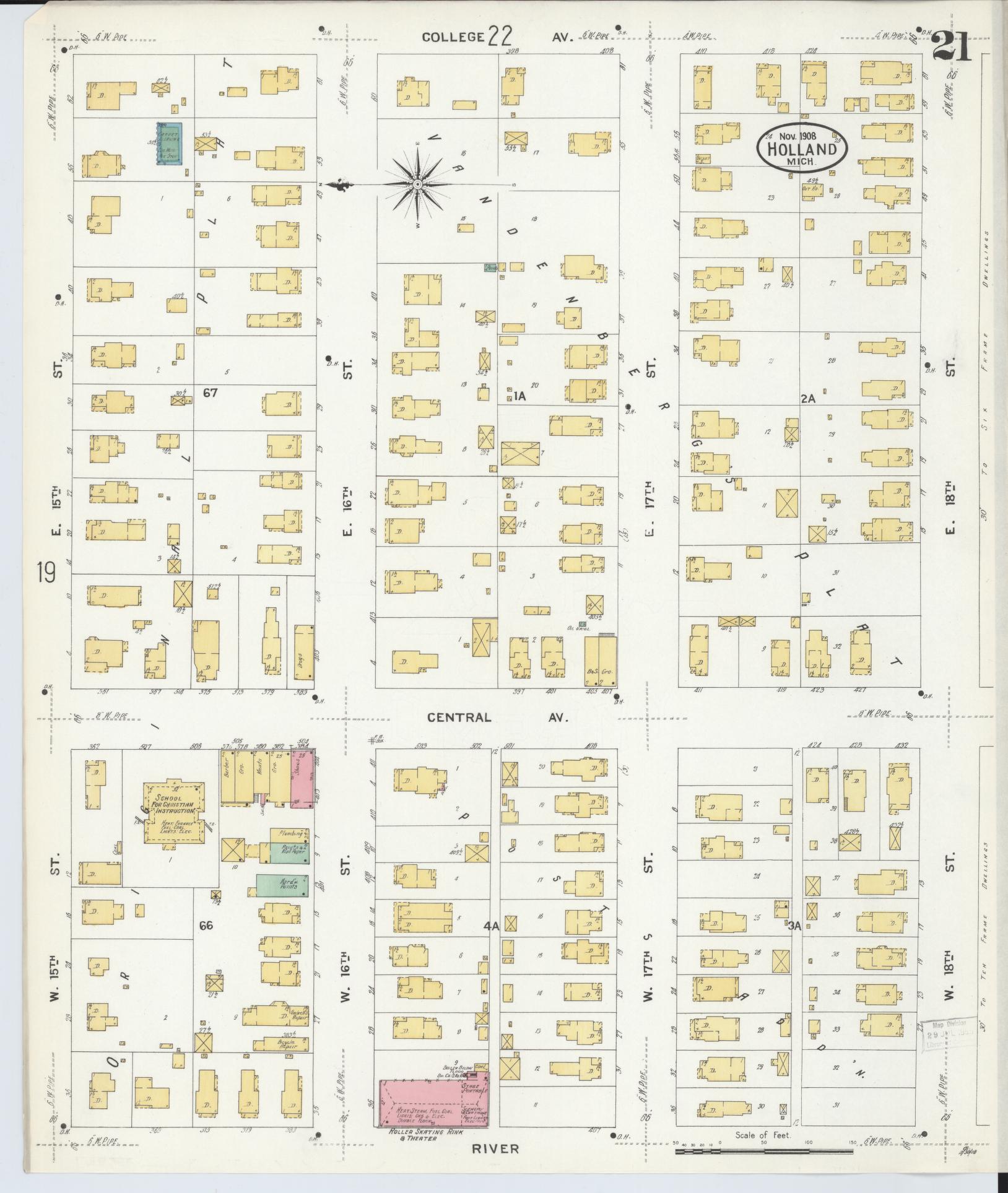 Sanborn Fire Insurance Map from Holland, Ottawa County, Michigan (1908), Sheet #0021 - Historic Sanborn Fire Insurance Map Print, vintage old map wall art, antique decor, genealogy gift, Michigan Michigan map