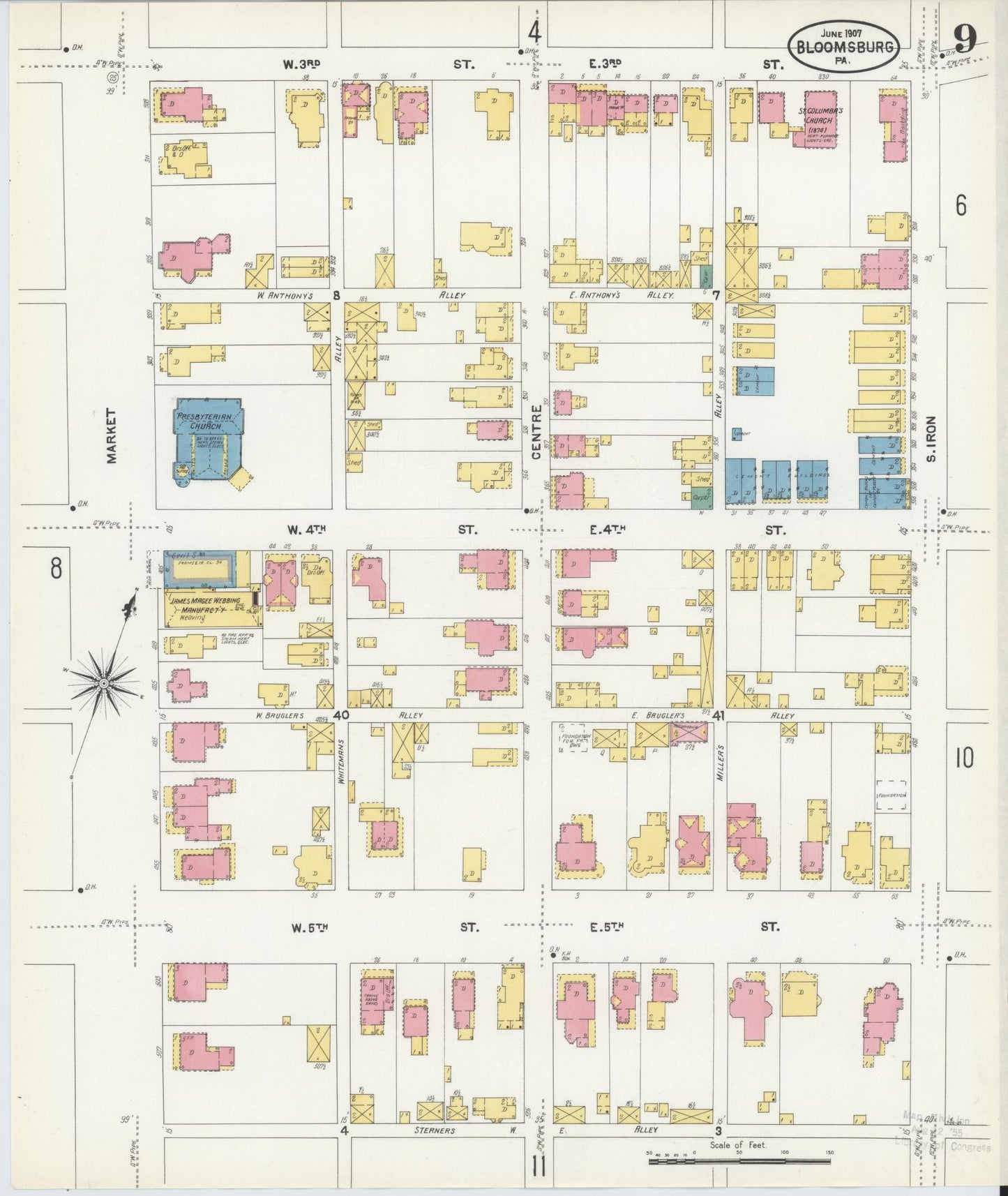 Sanborn Fire Insurance Map from Bloomsburg, Columbia County, Pennsylvania (1907), Sheet #0009 - Historic Sanborn Fire Insurance Map Print, vintage old map wall art, antique decor, genealogy gift, Pennsylvania Pennsylvania map