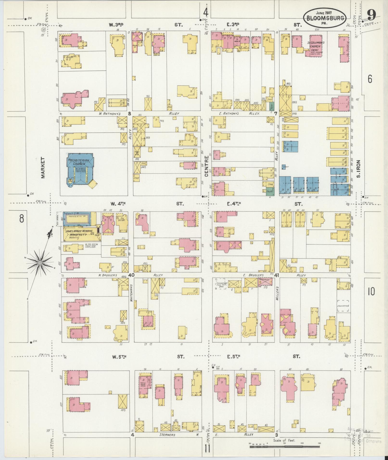 Sanborn Fire Insurance Map from Bloomsburg, Columbia County, Pennsylvania (1907), Sheet #0009 - Historic Sanborn Fire Insurance Map Print, vintage old map wall art, antique decor, genealogy gift, Pennsylvania Pennsylvania map
