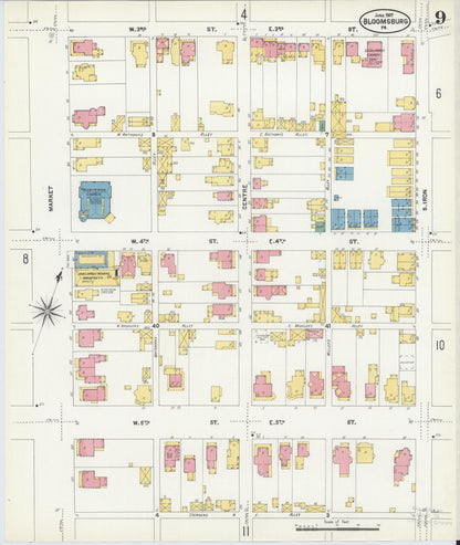 Sanborn Fire Insurance Map from Bloomsburg, Columbia County, Pennsylvania (1907), Sheet #0009 - Historic Sanborn Fire Insurance Map Print, vintage old map wall art, antique decor, genealogy gift, Pennsylvania Pennsylvania map