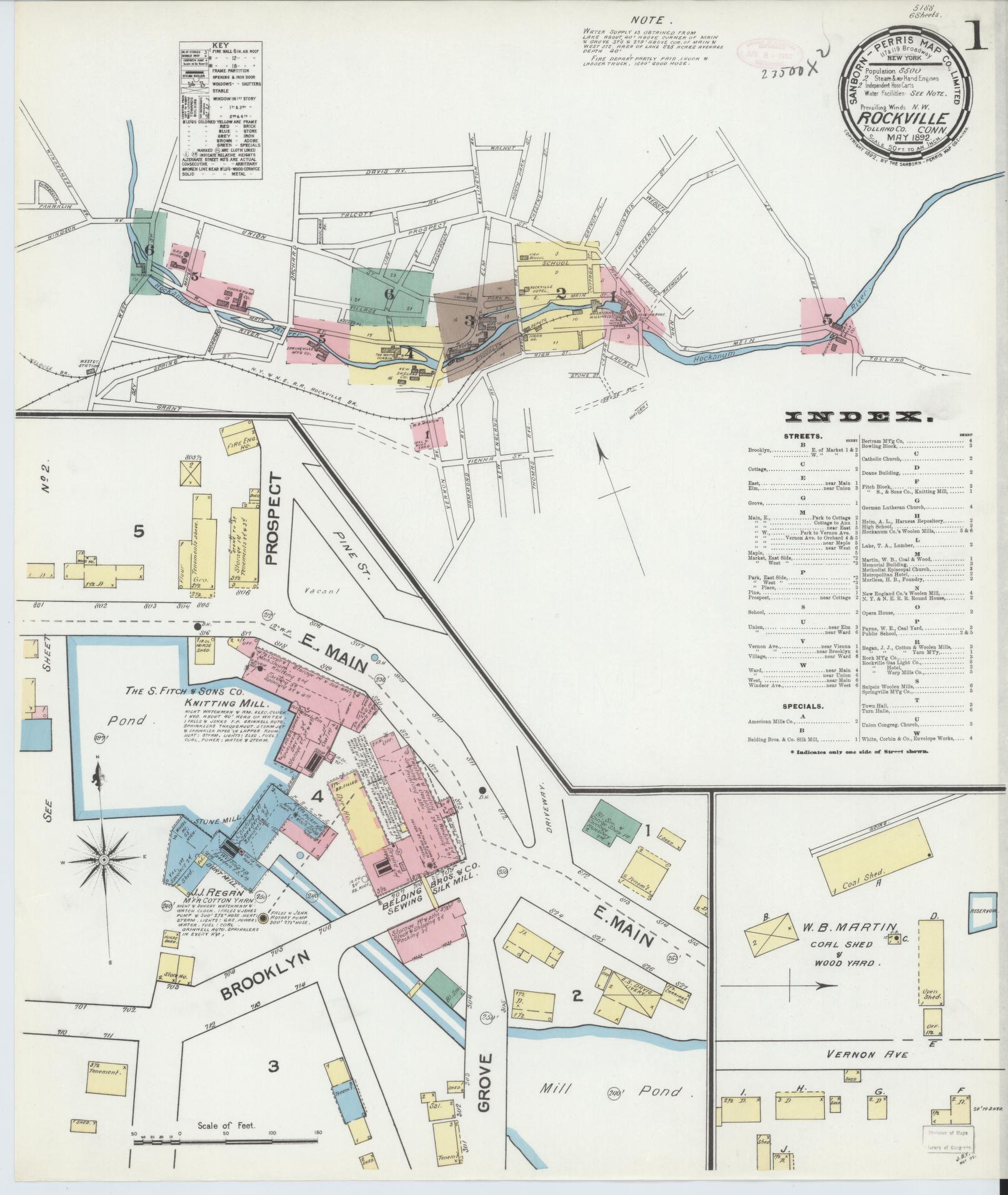 Sanborn Fire Insurance Map from Rockville, Tolland County, Connecticut (1892), Sheet #0001 - Complete Map Set gallery image, historic Sanborn map, vintage wall art, Connecticut Connecticut