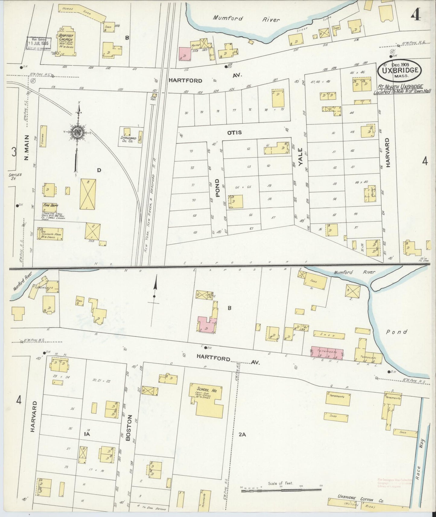 Sanborn Fire Insurance Map from Uxbridge, Worcester County, Massachusetts (1909), Sheet #0004 - Complete Map Set gallery image, historic Sanborn map, vintage wall art, Massachusetts Massachusetts