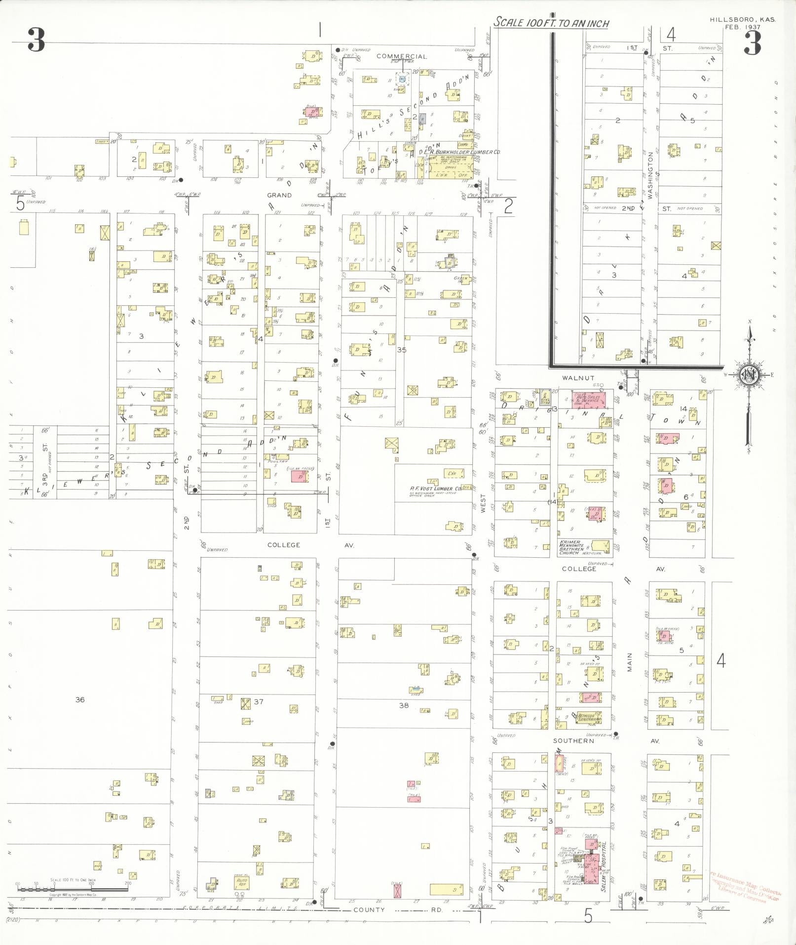 Sanborn Fire Insurance Map from Hillsboro, Marion County, Kansas (1937), Sheet #0003 - Complete Map Set gallery image, historic Sanborn map, vintage wall art, Kansas Kansas