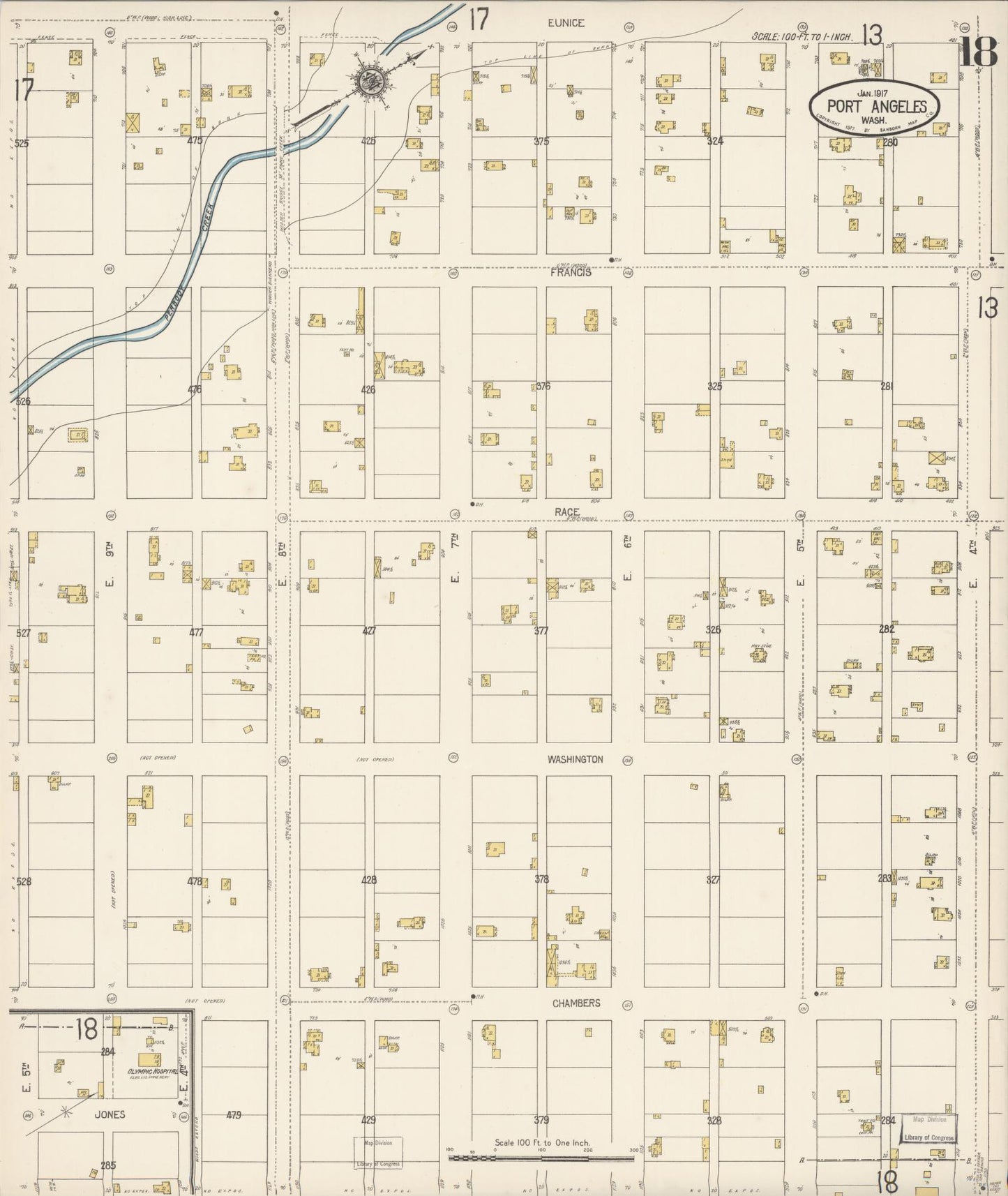 Sanborn Fire Insurance Map from Port Angeles, Clallam County, Washington (1917), Sheet #0018 - Complete Map Set gallery image, historic Sanborn map, vintage wall art, Washington Washington