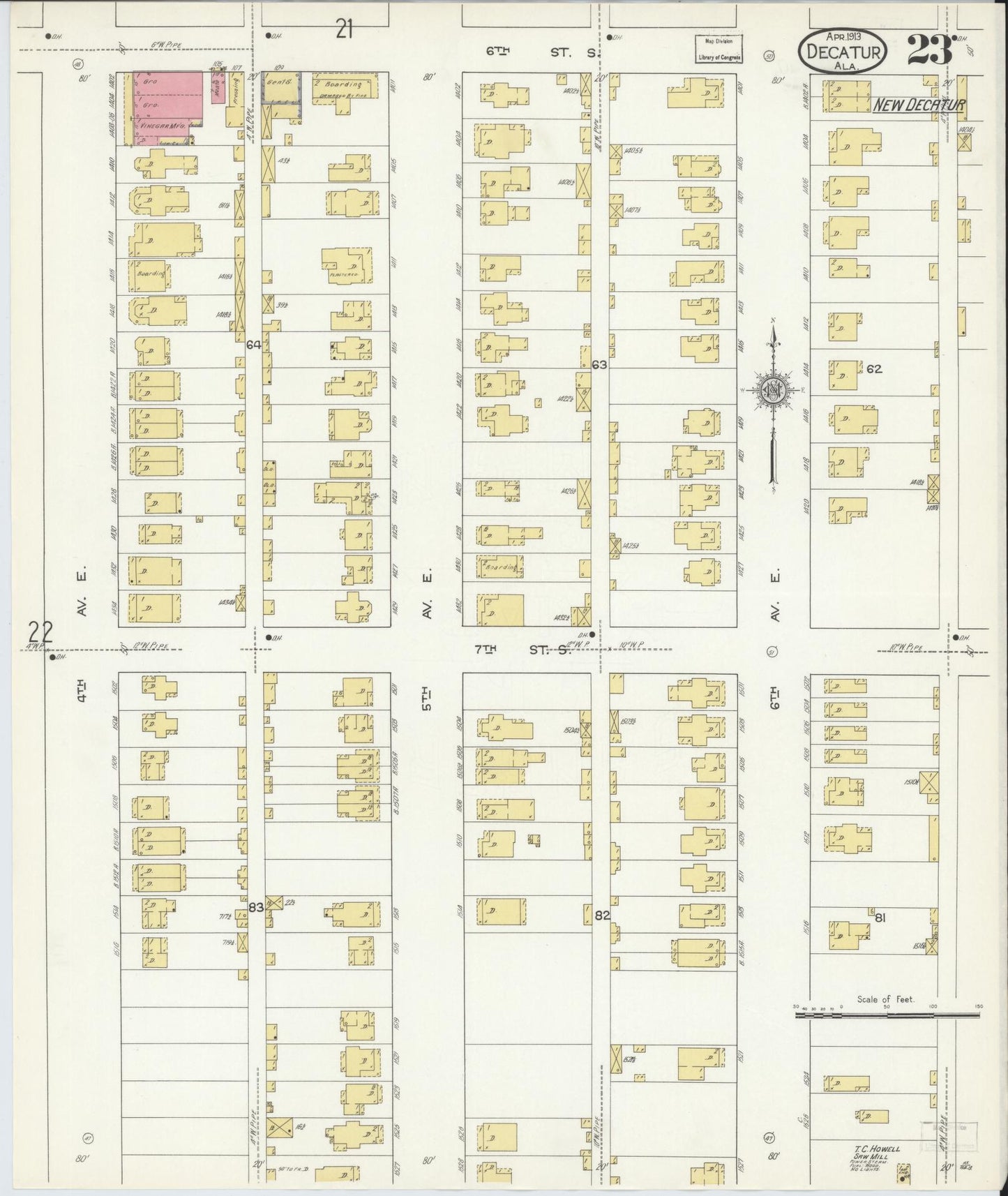 Sanborn Fire Insurance Map from Decatur, Morgan County, Alabama (1913), Sheet #0023 - Historic Sanborn Fire Insurance Map Print, vintage old map wall art, antique decor, genealogy gift, Alabama Alabama map