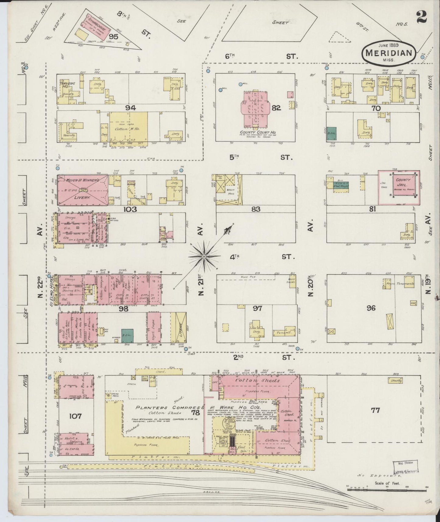 Sanborn Fire Insurance Map from Meridian, Lauderdale County, Mississippi (1889), Sheet #0002 - Complete Map Set gallery image, historic Sanborn map, vintage wall art, Mississippi Mississippi