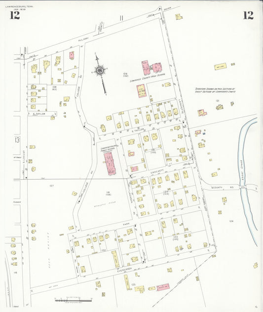 Sanborn Fire Insurance Map from Lawrenceburg, Lawrence County, Tennessee (1939), Sheet #0012 - Historic Sanborn Fire Insurance Map Print, vintage old map wall art, antique decor, genealogy gift, Tennessee Tennessee map