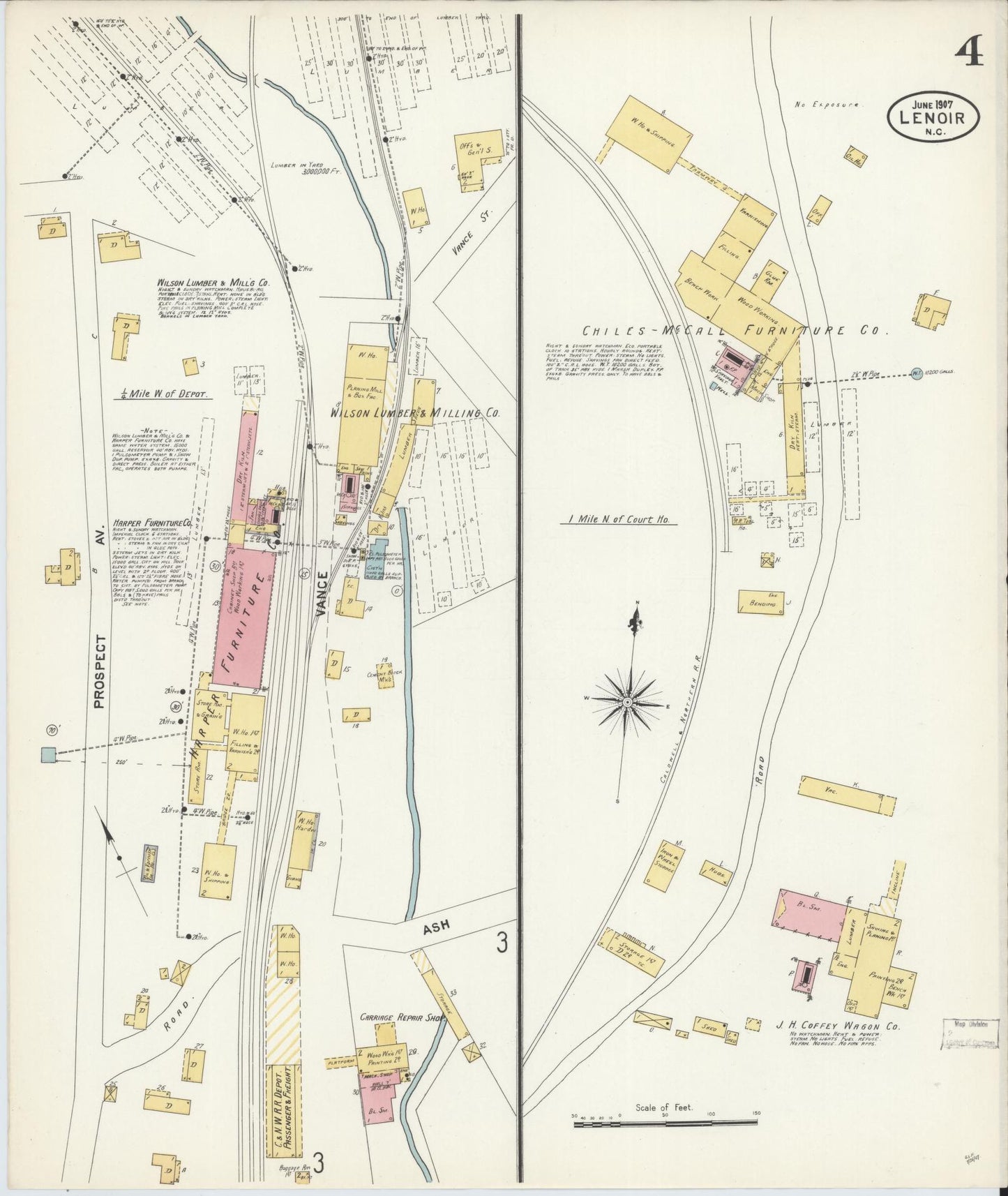 Sanborn Fire Insurance Map from Lenoir, Caldwell County, North Carolina (1907), Sheet #0004 - Complete Map Set gallery image, historic Sanborn map, vintage wall art, North Carolina North Carolina