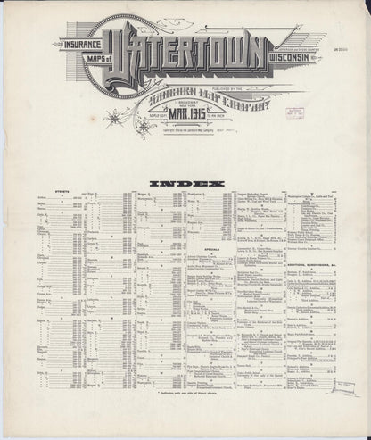 Sanborn Fire Insurance Map from Watertown, Jefferson County, Wisconsin (1915), Sheet #0001 - Historic Sanborn Fire Insurance Map Print, vintage old map wall art, antique decor, genealogy gift, Wisconsin Wisconsin map