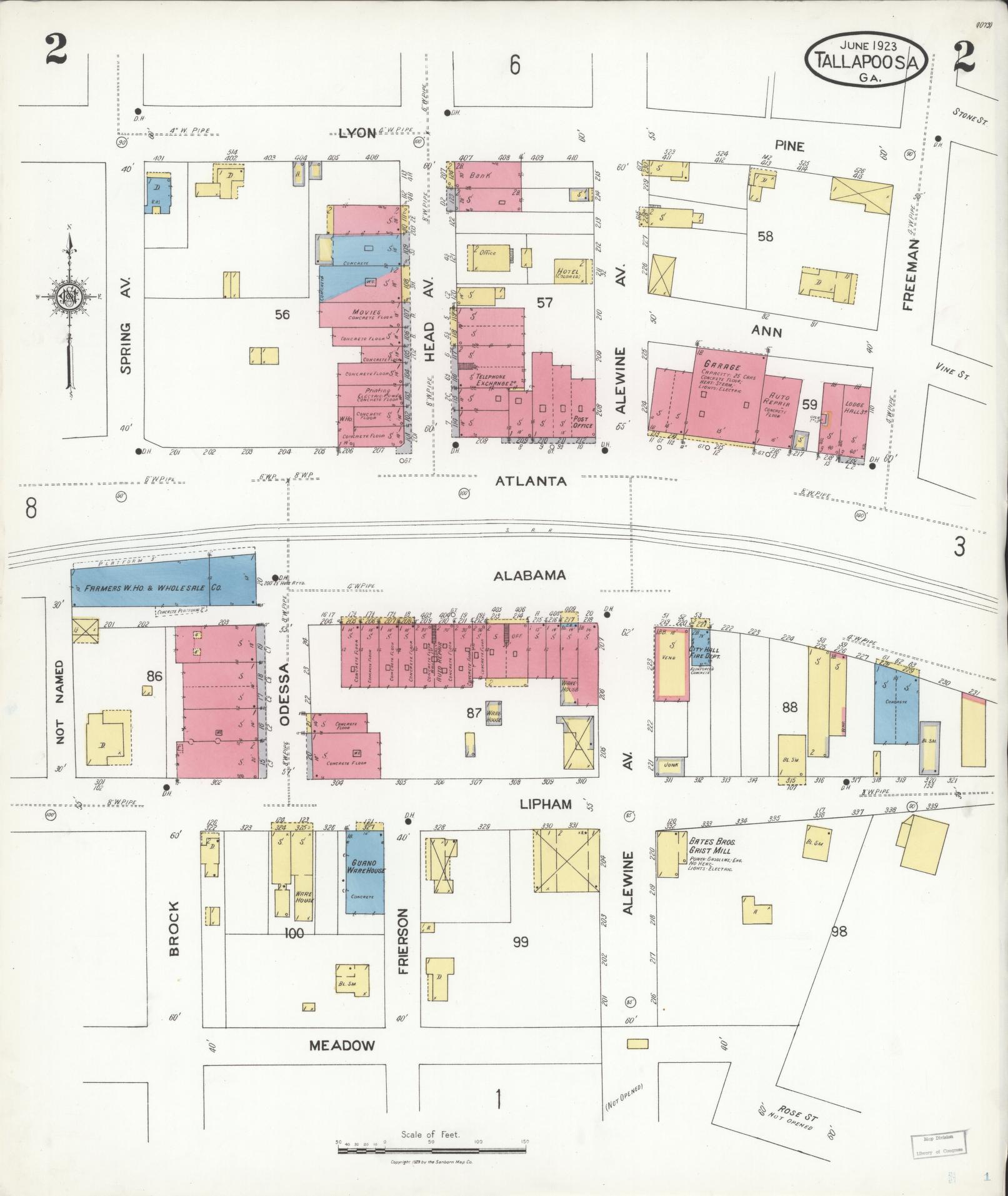 Sanborn Fire Insurance Map from Tallapoosa, Haralson County, Georgia (1923), Sheet #0002 - Complete Map Set gallery image, historic Sanborn map, vintage wall art, Georgia Georgia