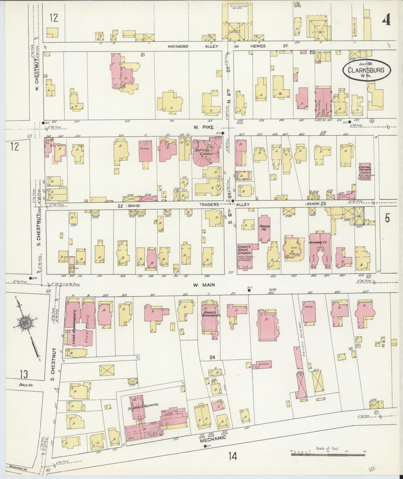 Sanborn Fire Insurance Map from Clarksburg, Harrison County, West Virginia (1911), Sheet #0004 - Complete Map Set gallery image, historic Sanborn map, vintage wall art, West Virginia West Virginia