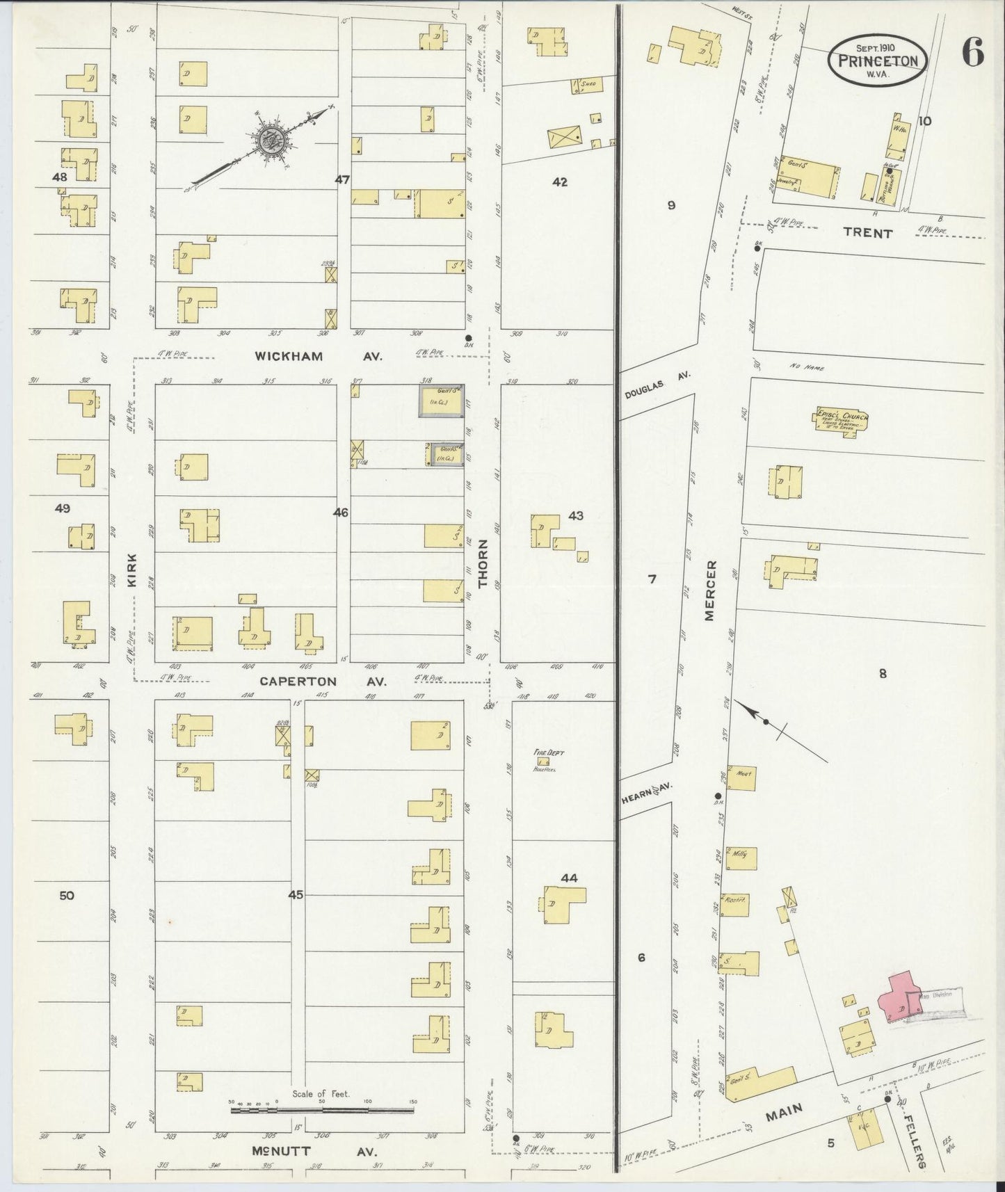 Sanborn Fire Insurance Map from Princeton, Mercer County, West Virginia (1910), Sheet #0006 - Complete Map Set gallery image, historic Sanborn map, vintage wall art, West Virginia West Virginia