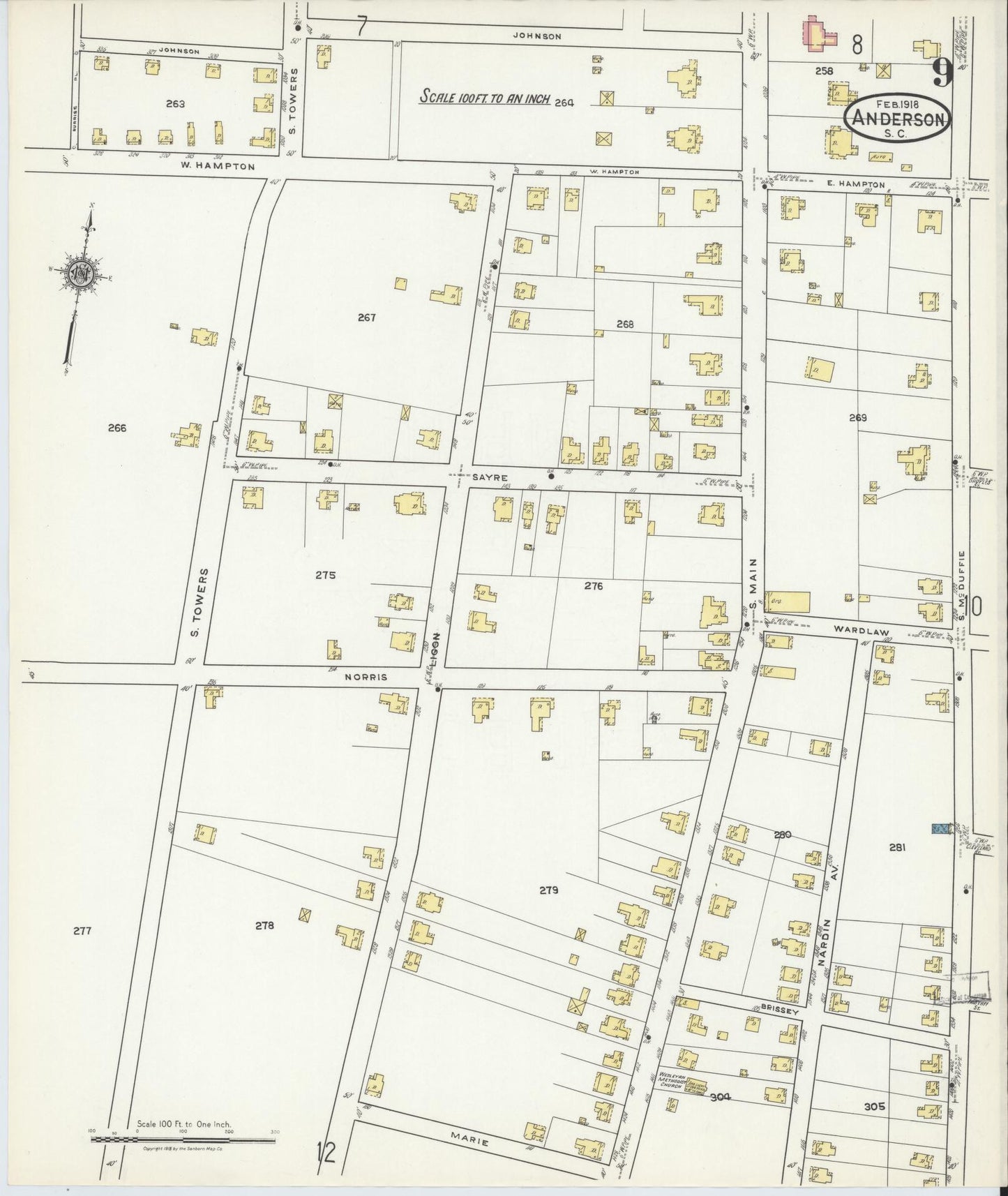 Sanborn Fire Insurance Map from Anderson, Anderson County, South Carolina (1918), Sheet #0009 - Complete Map Set gallery image, historic Sanborn map, vintage wall art, South Carolina South Carolina
