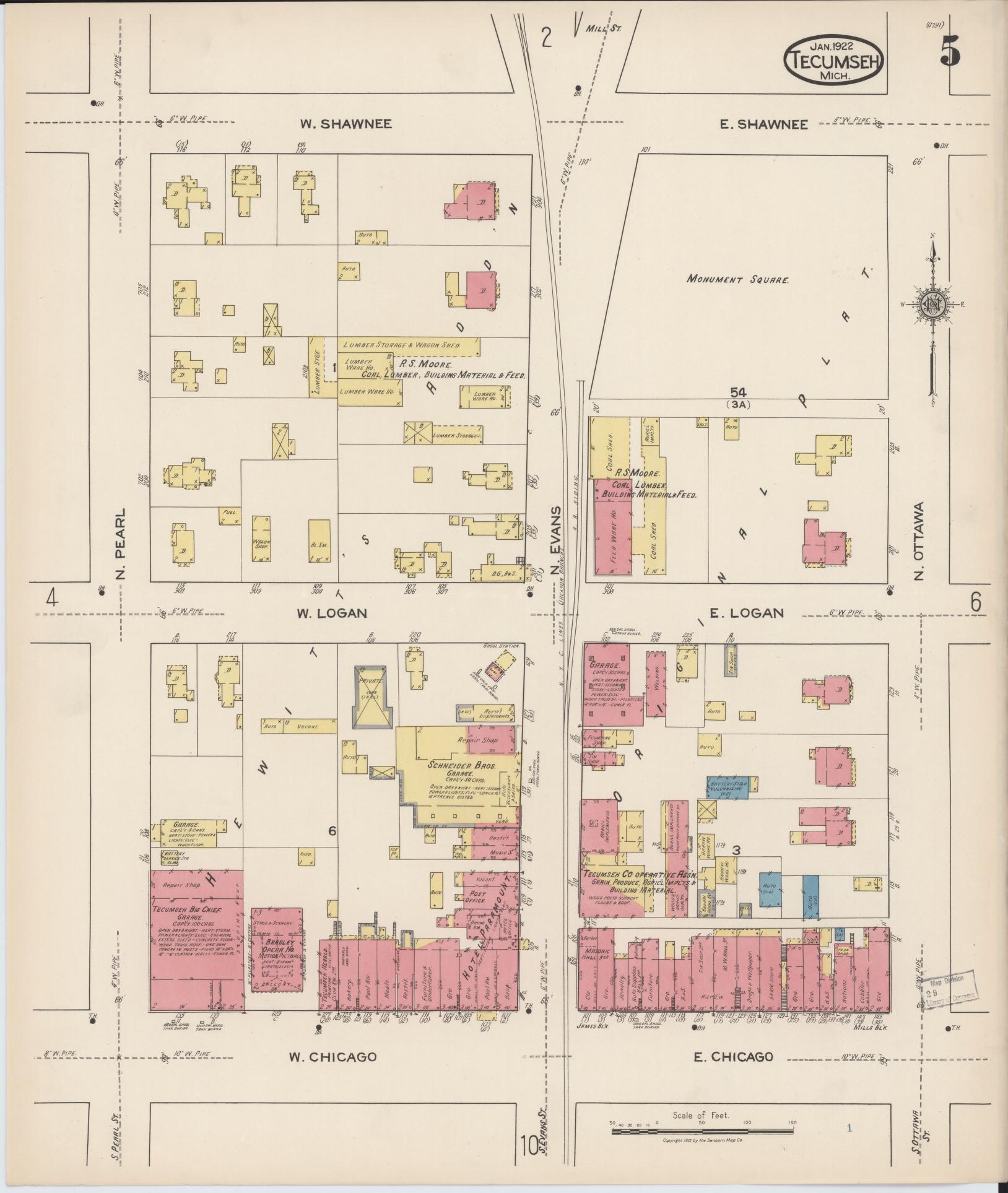 Sanborn Fire Insurance Map from Tecumseh, Lenawee County, Michigan (1922), Sheet #0005 - Complete Map Set gallery image, historic Sanborn map, vintage wall art, Michigan Michigan