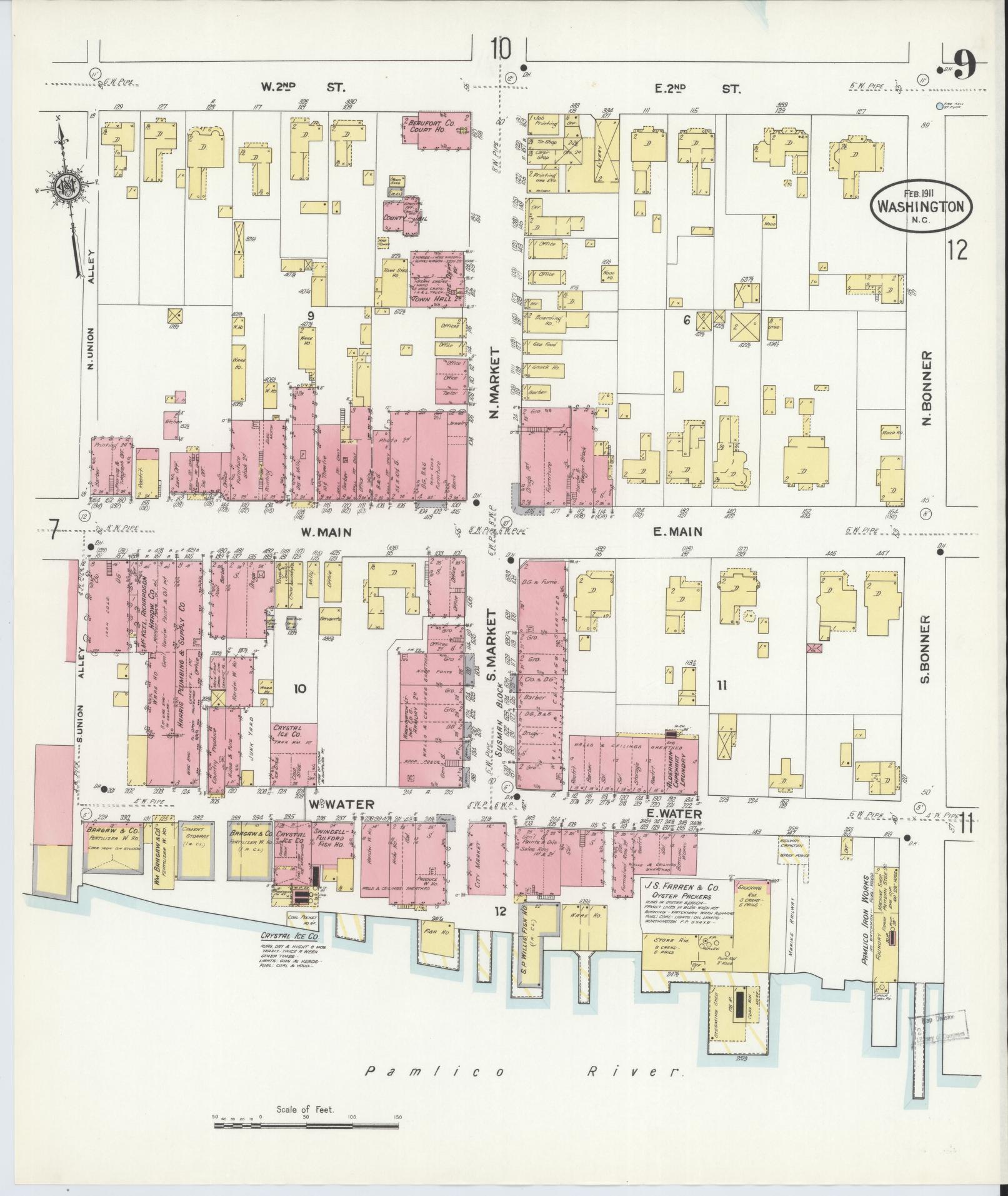 Sanborn Fire Insurance Map from Washington, Beaufort County, North Carolina (1911), Sheet #0009 - Historic Sanborn Fire Insurance Map Print, vintage old map wall art, antique decor, genealogy gift, North Carolina North Carolina map