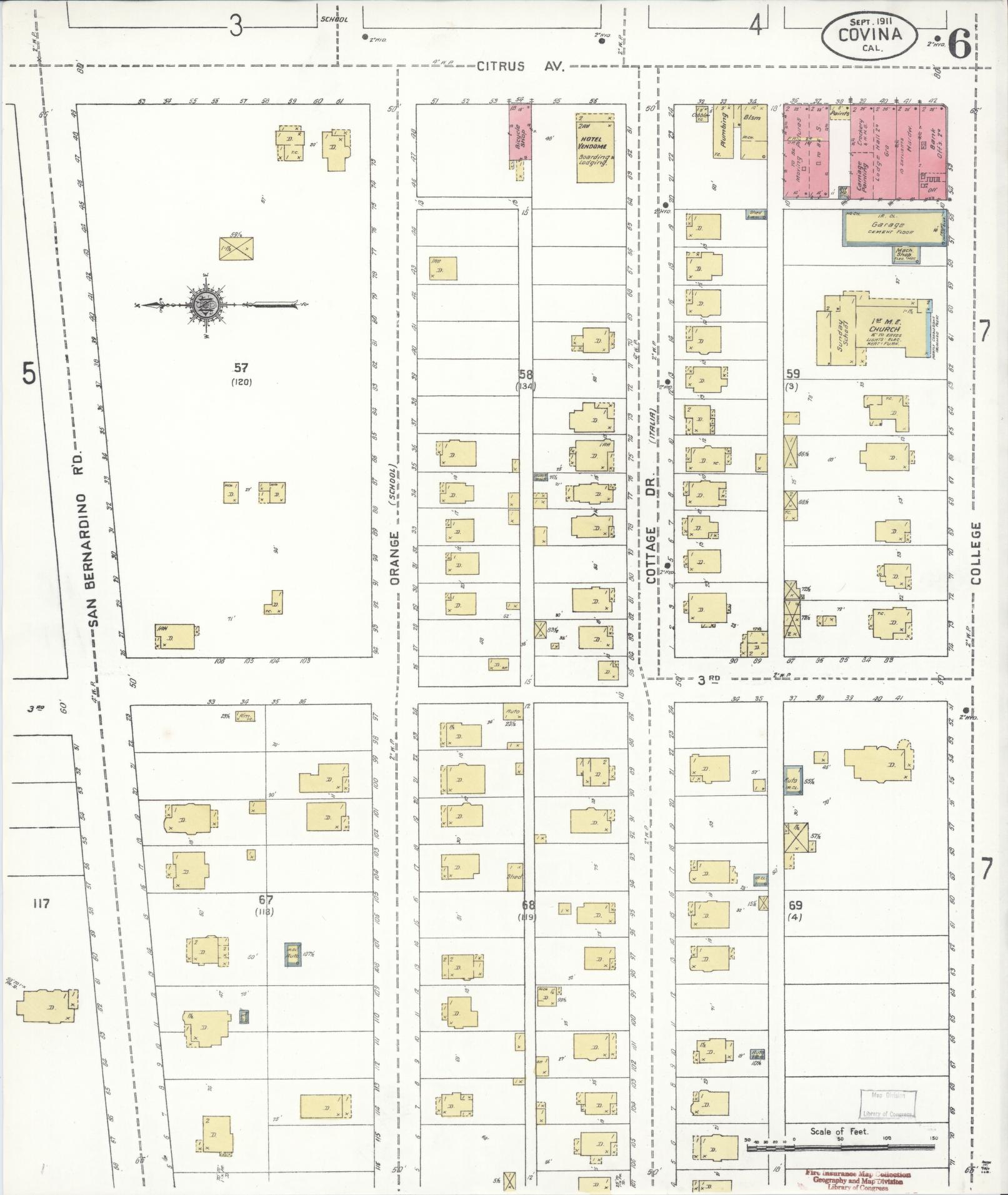 Sanborn Fire Insurance Map from Covina, Los Angeles County, California (1911), Sheet #0006 - Complete Map Set gallery image, historic Sanborn map, vintage wall art, California California