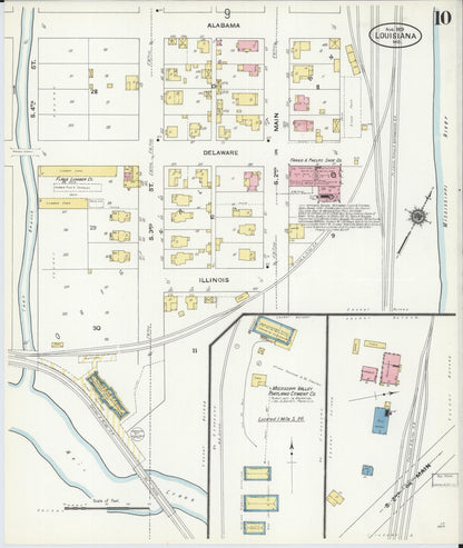 Sanborn Fire Insurance Map from Louisiana, Pike County, Missouri (1909), Sheet #0010 - Historic Sanborn Fire Insurance Map Print, vintage old map wall art, antique decor, genealogy gift, Missouri Missouri map