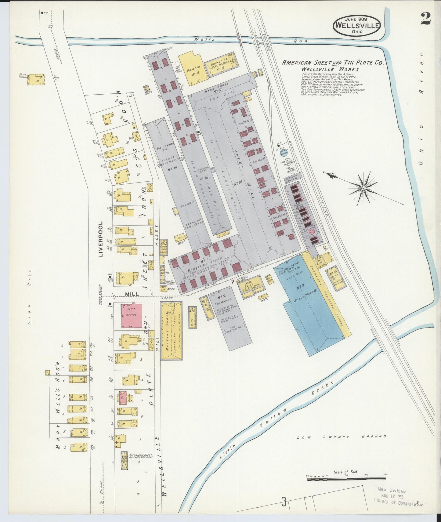 Sanborn Fire Insurance Map from Wellsville, Columbiana County, Ohio (1908), Sheet #0002 - Historic Sanborn Fire Insurance Map Print, vintage old map wall art, antique decor, genealogy gift, Ohio Ohio map