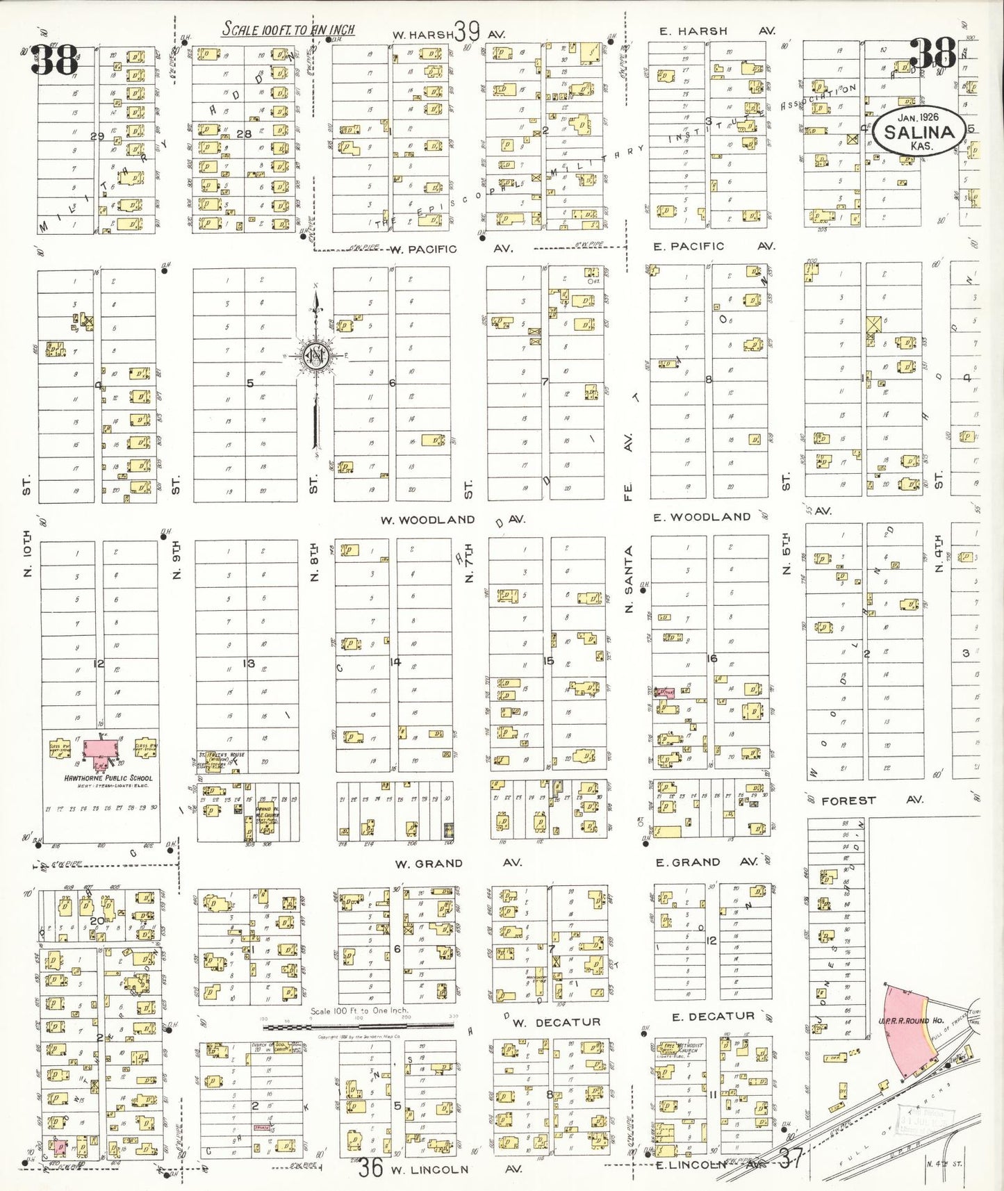 Sanborn Fire Insurance Map from Salina, Saline County, Kansas (1926), Sheet #0038 - Historic Sanborn Fire Insurance Map Print, vintage old map wall art, antique decor, genealogy gift, Kansas Kansas map