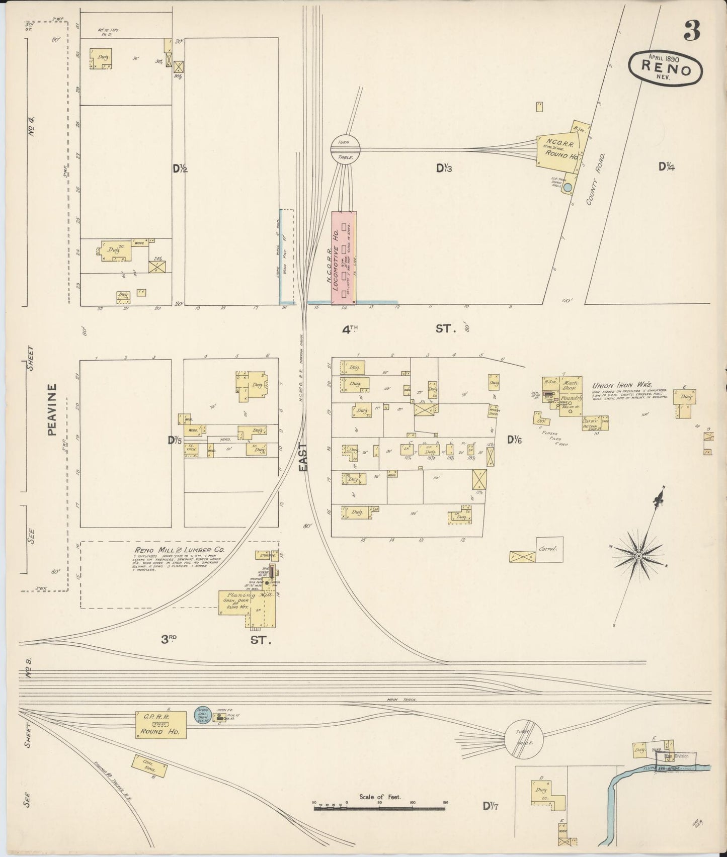 Sanborn Fire Insurance Map from Reno, Washoe County, Nevada (1890), Sheet #0003 - Historic Sanborn Fire Insurance Map Print, vintage old map wall art, antique decor, genealogy gift, Nevada Nevada map