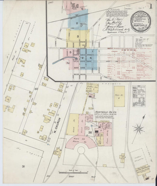 Sanborn Fire Insurance Map from Huntsville, Madison County, Alabama (1888), Sheet #0001 - Historic Sanborn Fire Insurance Map Print, vintage old map wall art, antique decor, genealogy gift, Alabama Alabama map