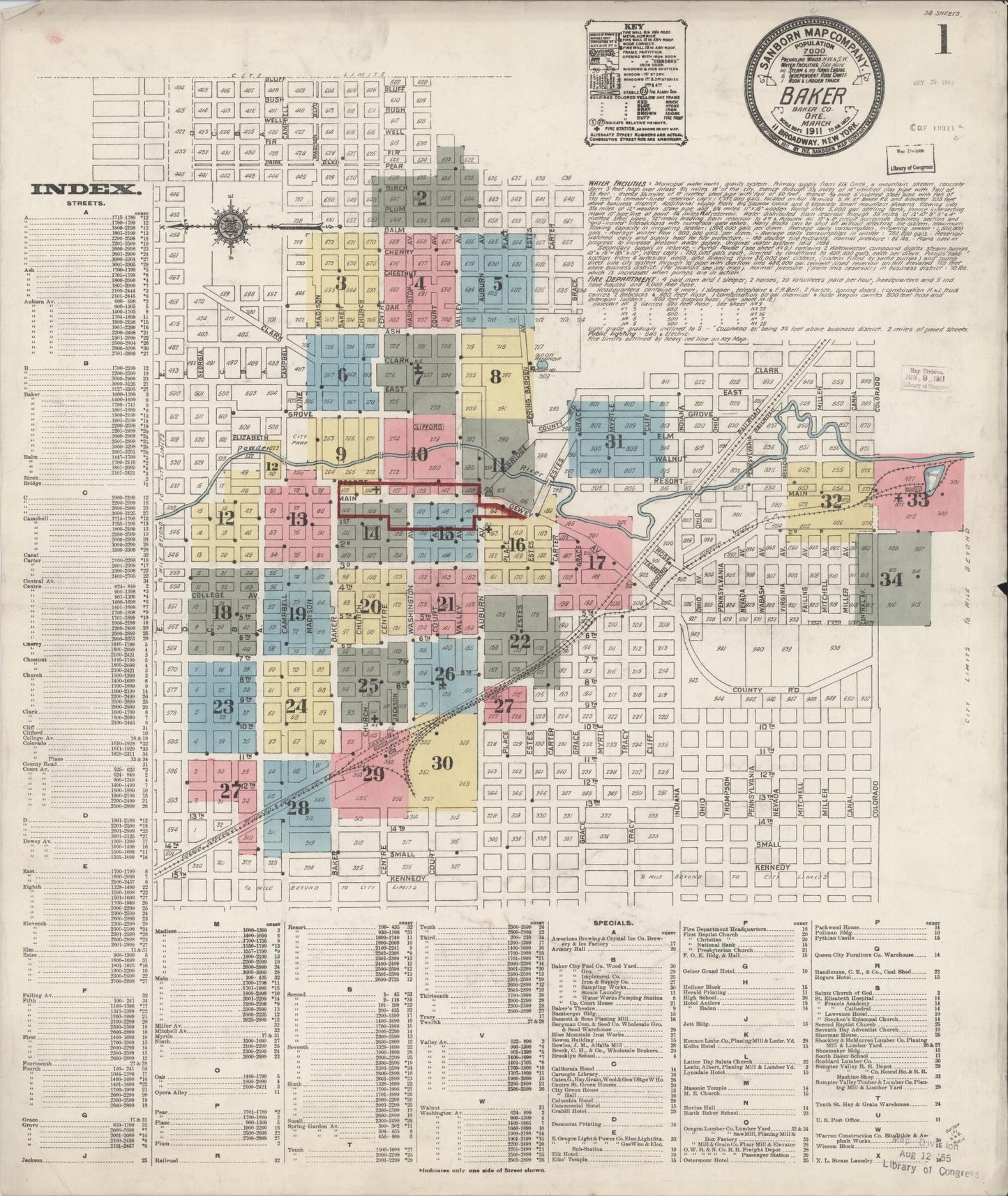 Sanborn Fire Insurance Map from Baker, Baker County, Oregon (1911), Sheet #0001 - Historic Sanborn Fire Insurance Map Print, vintage old map wall art, antique decor, genealogy gift, Oregon Oregon map