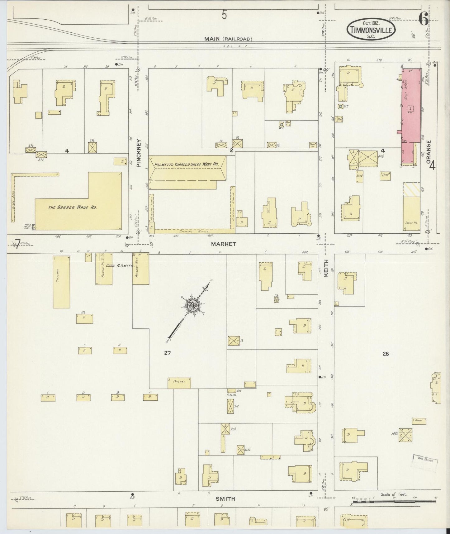 Sanborn Fire Insurance Map from Timmonsville, Florence County, South Carolina (1912), Sheet #0006 - Historic Sanborn Fire Insurance Map Print, vintage old map wall art, antique decor, genealogy gift, South Carolina South Carolina map