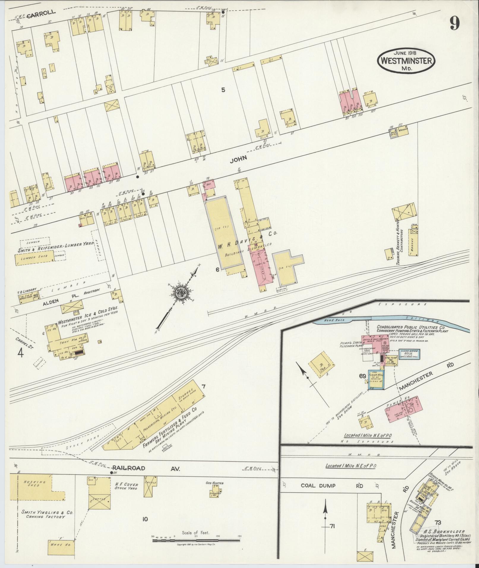 Sanborn Fire Insurance Map from Westminster, Carroll County, Maryland (1918), Sheet #0009 - Historic Sanborn Fire Insurance Map Print, vintage old map wall art, antique decor, genealogy gift, Maryland Maryland map
